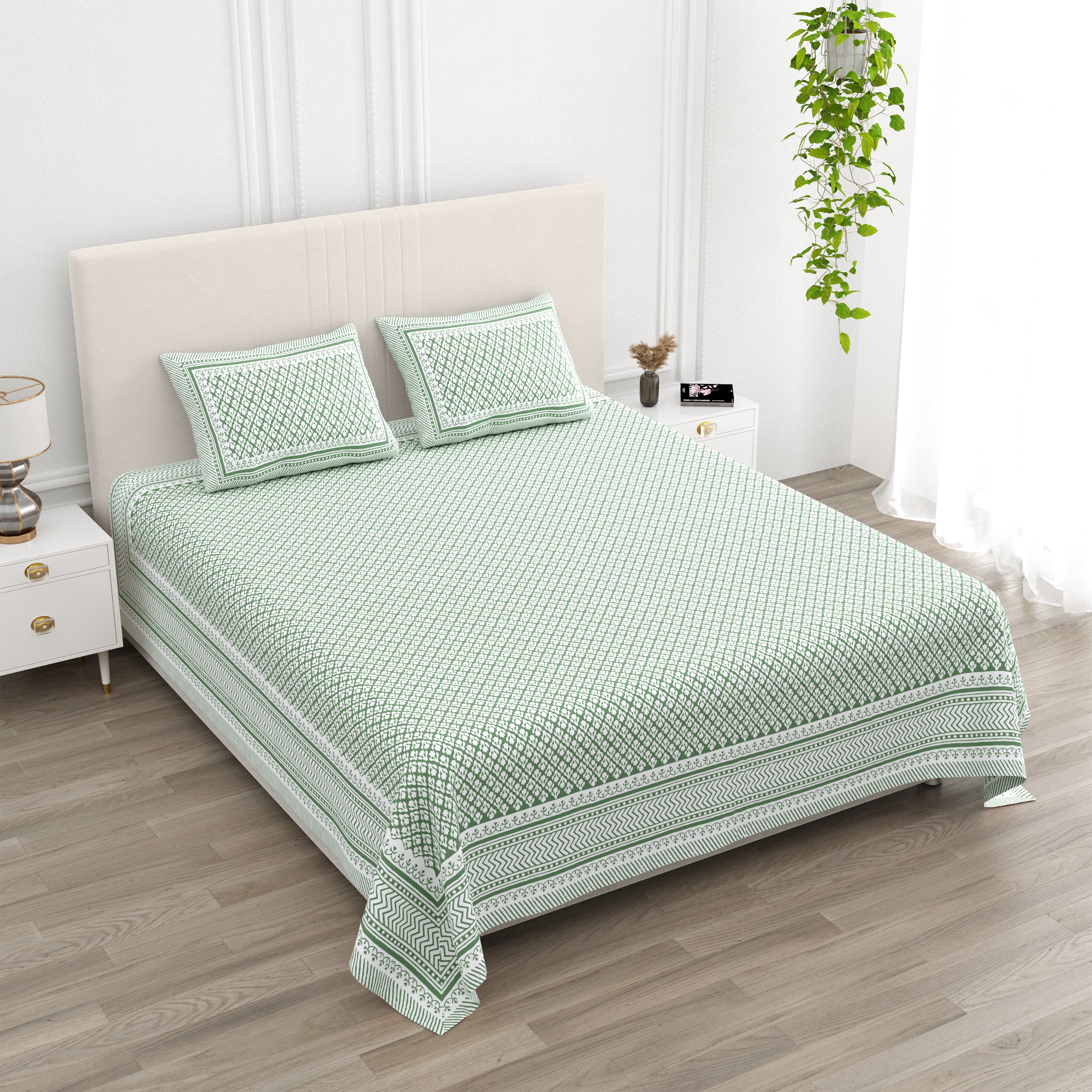 Rajasthani Jaali Printed Cotton Bedsheet - Sea Green