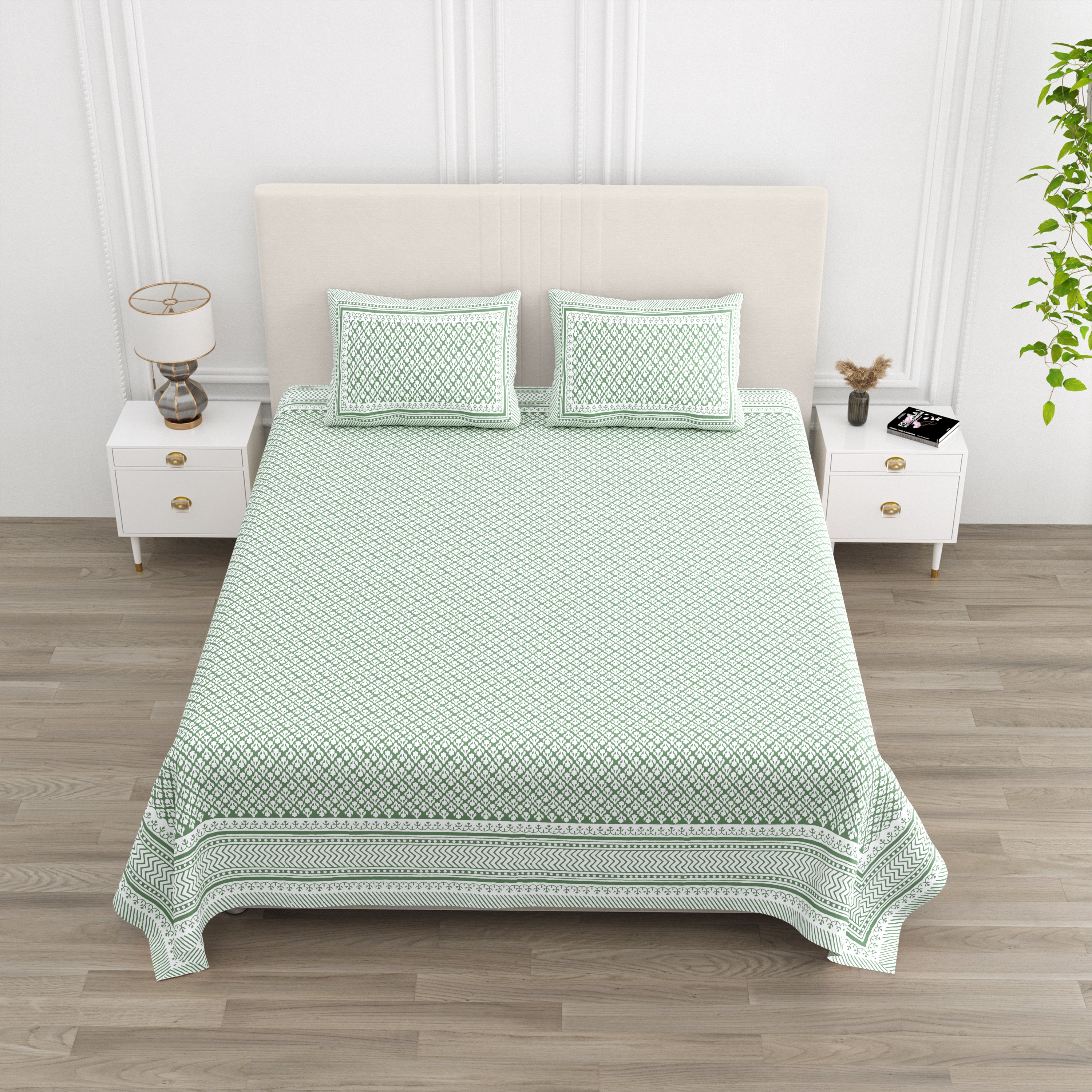 Rajasthani Jaali Printed Cotton Bedsheet - Sea Green