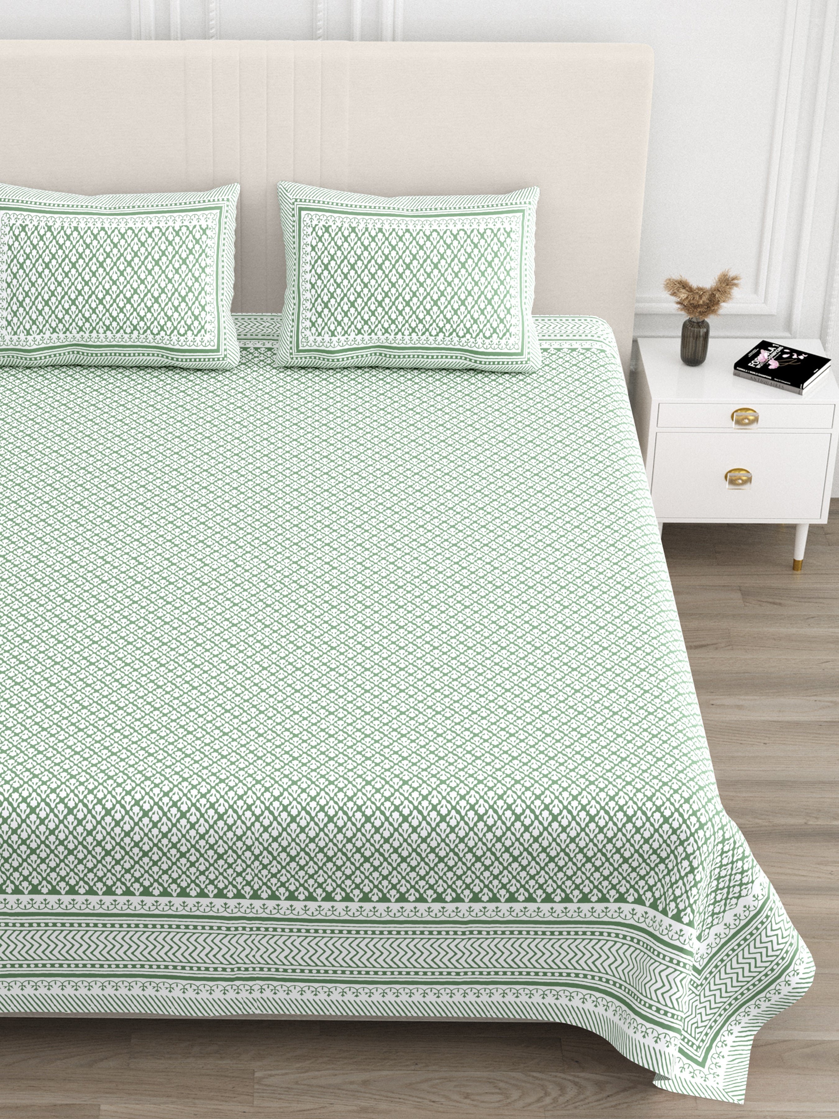 Rajasthani Jaali Printed Cotton Bedsheet - Sea Green