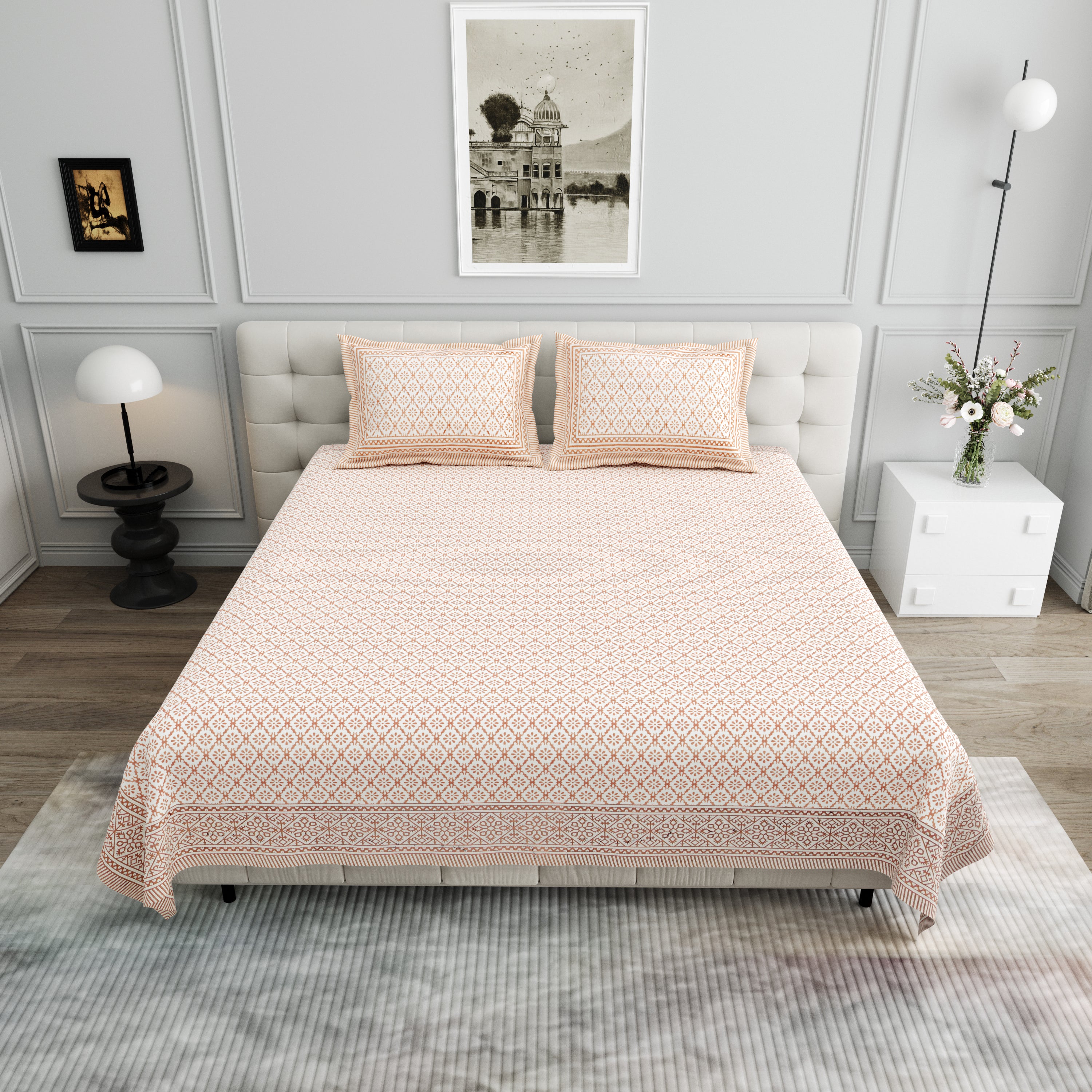 Basic Floral Cotton King Size Bedsheet- Beige