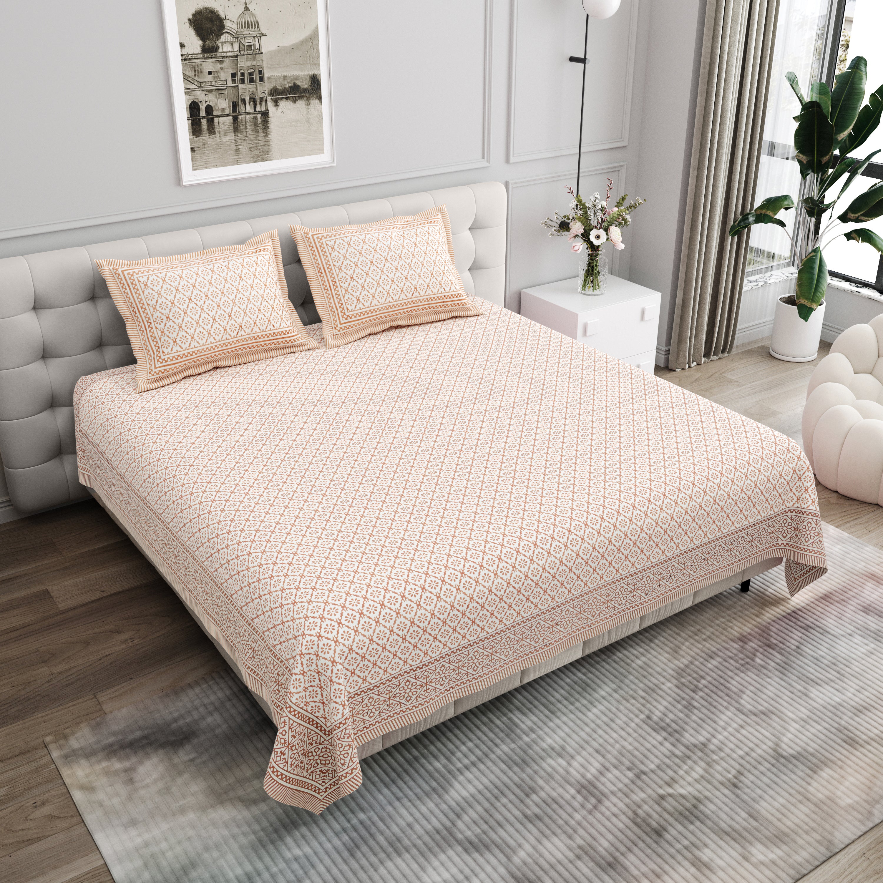 Basic Floral Cotton King Size Bedsheet- Beige
