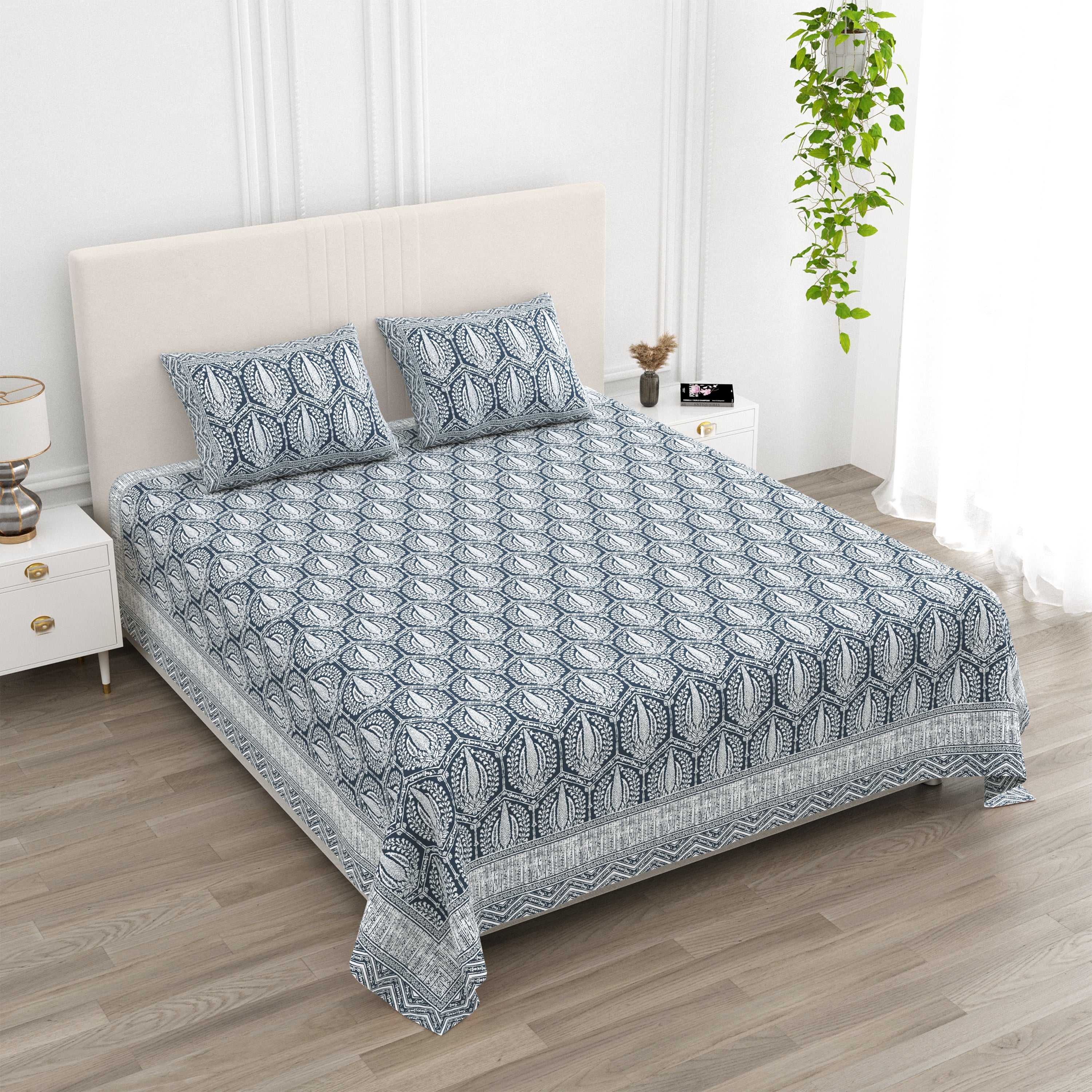 Hexagonal Print Cotton Bedsheet - Slate Indigo