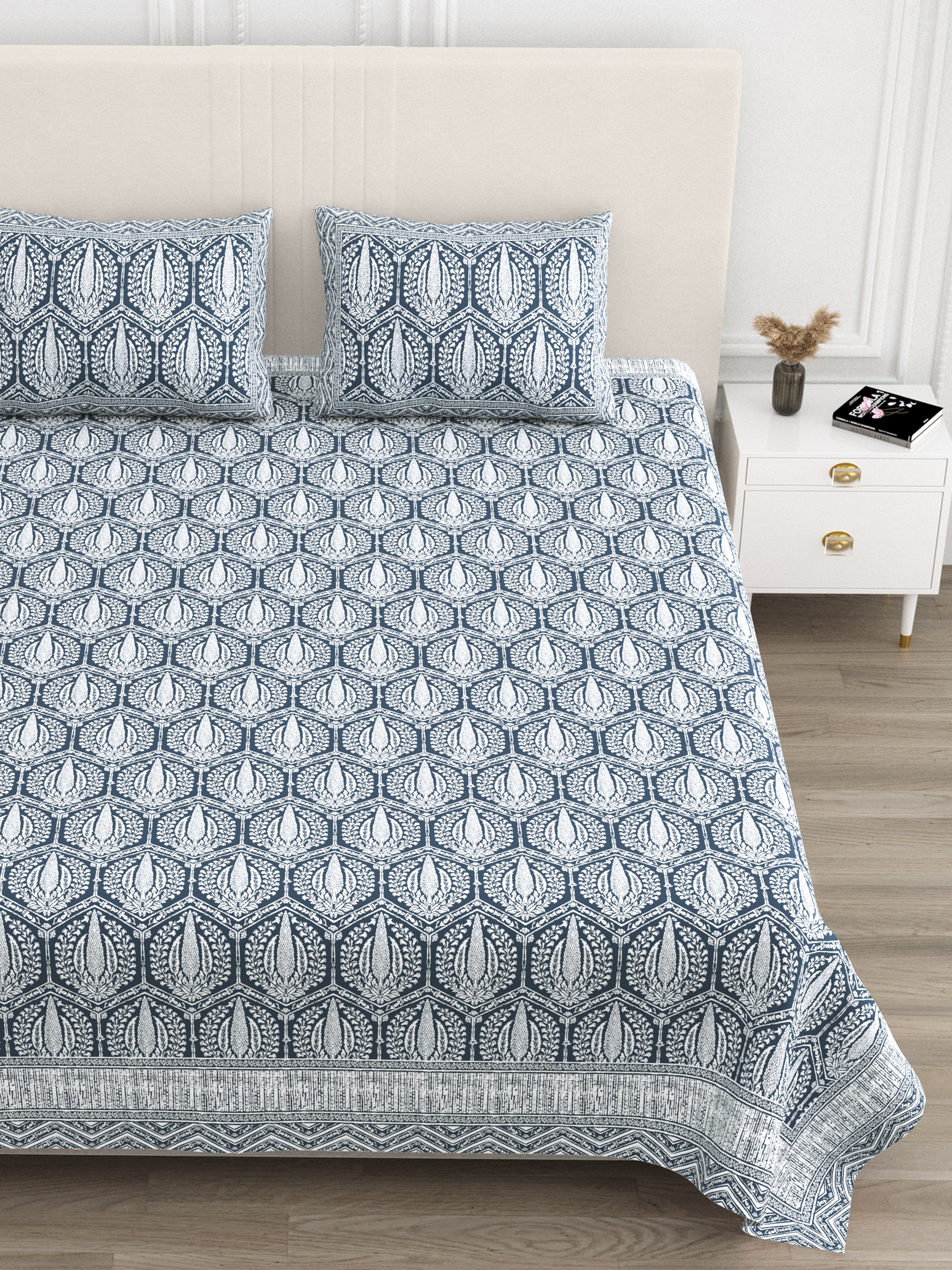 Hexagonal Print Cotton Bedsheet - Slate Indigo