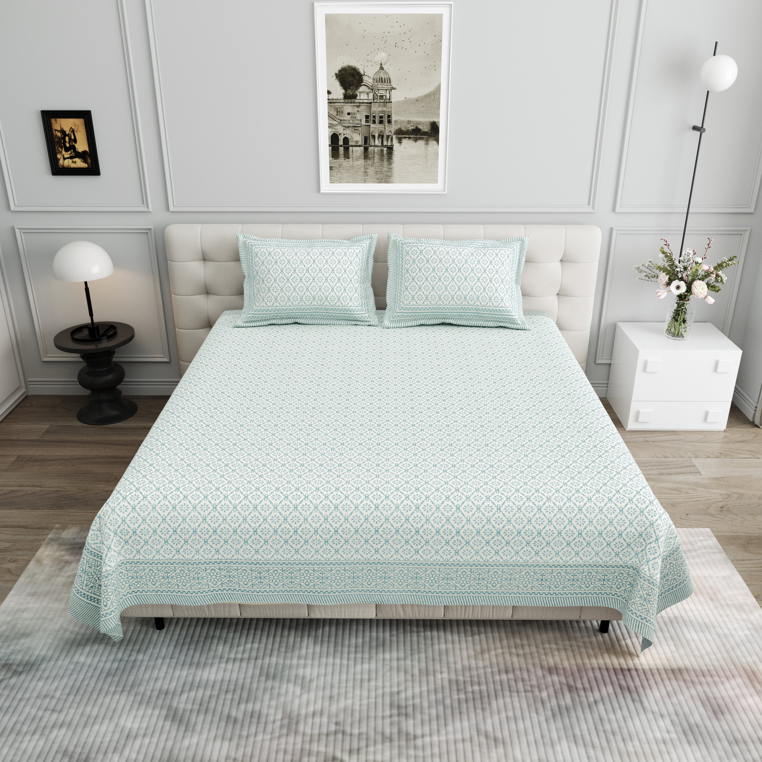 Basic Floral Cotton King Size Bedsheet- Sea Green