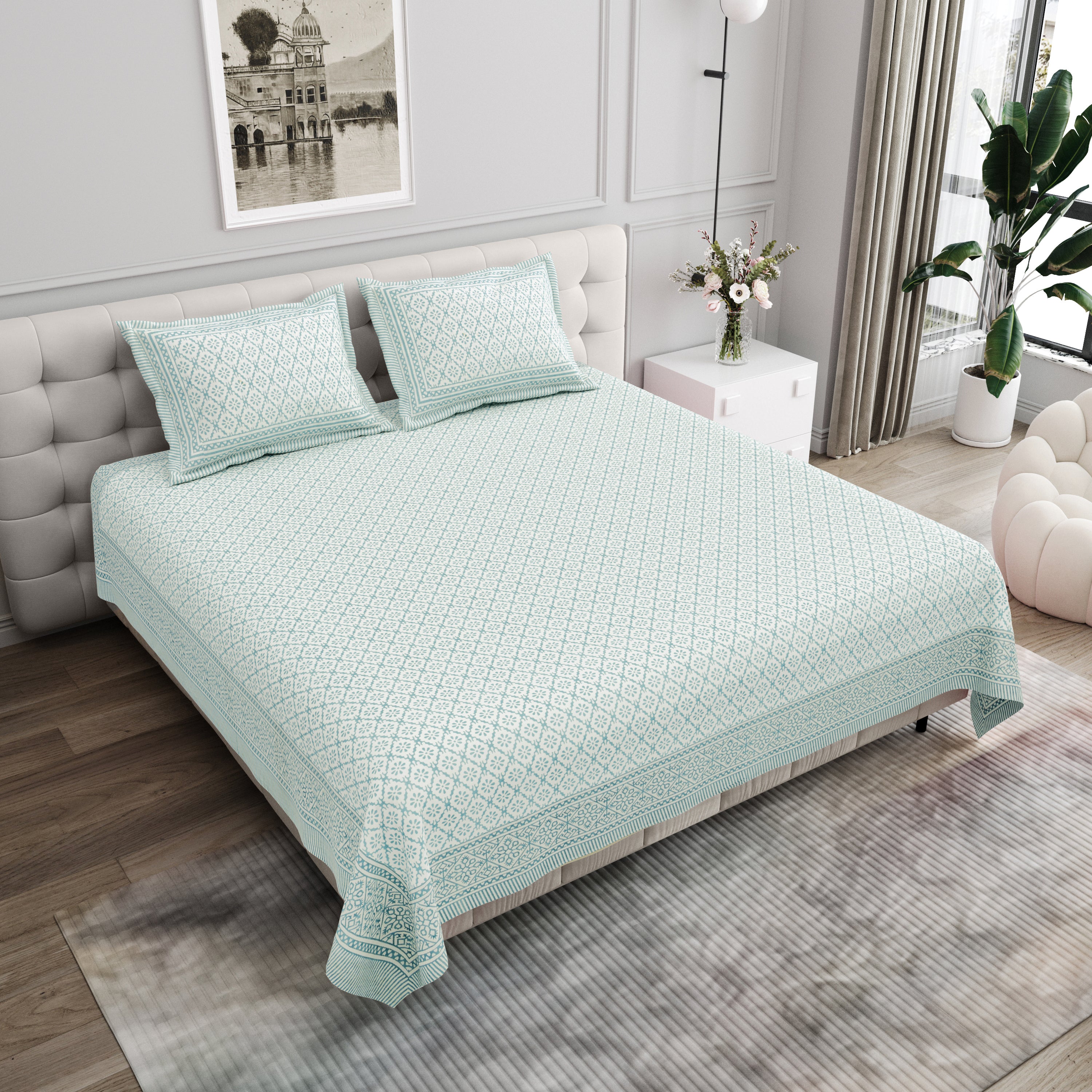 Basic Floral Cotton King Size Bedsheet- Sea Green
