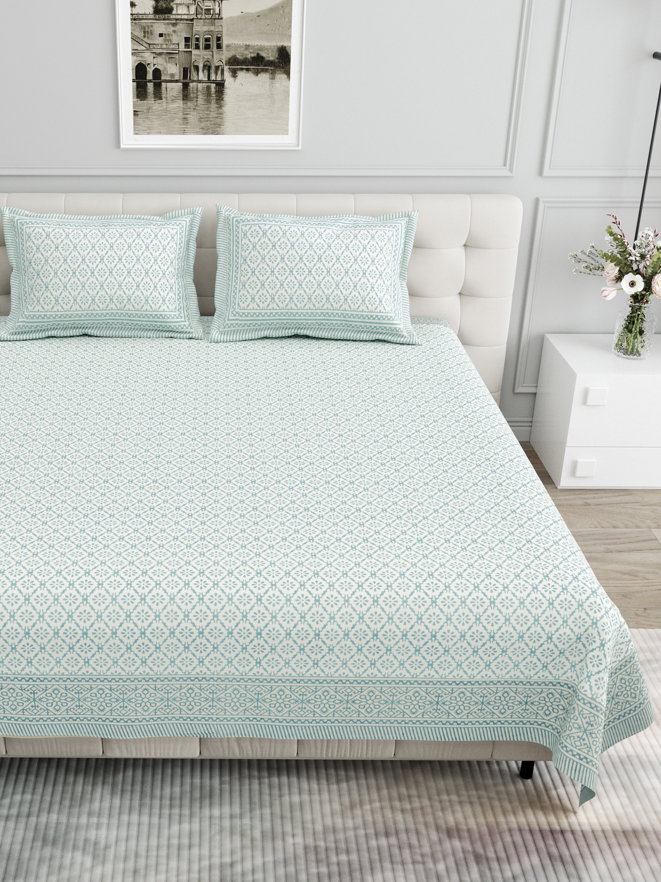 Basic Floral Cotton King Size Bedsheet- Sea Green