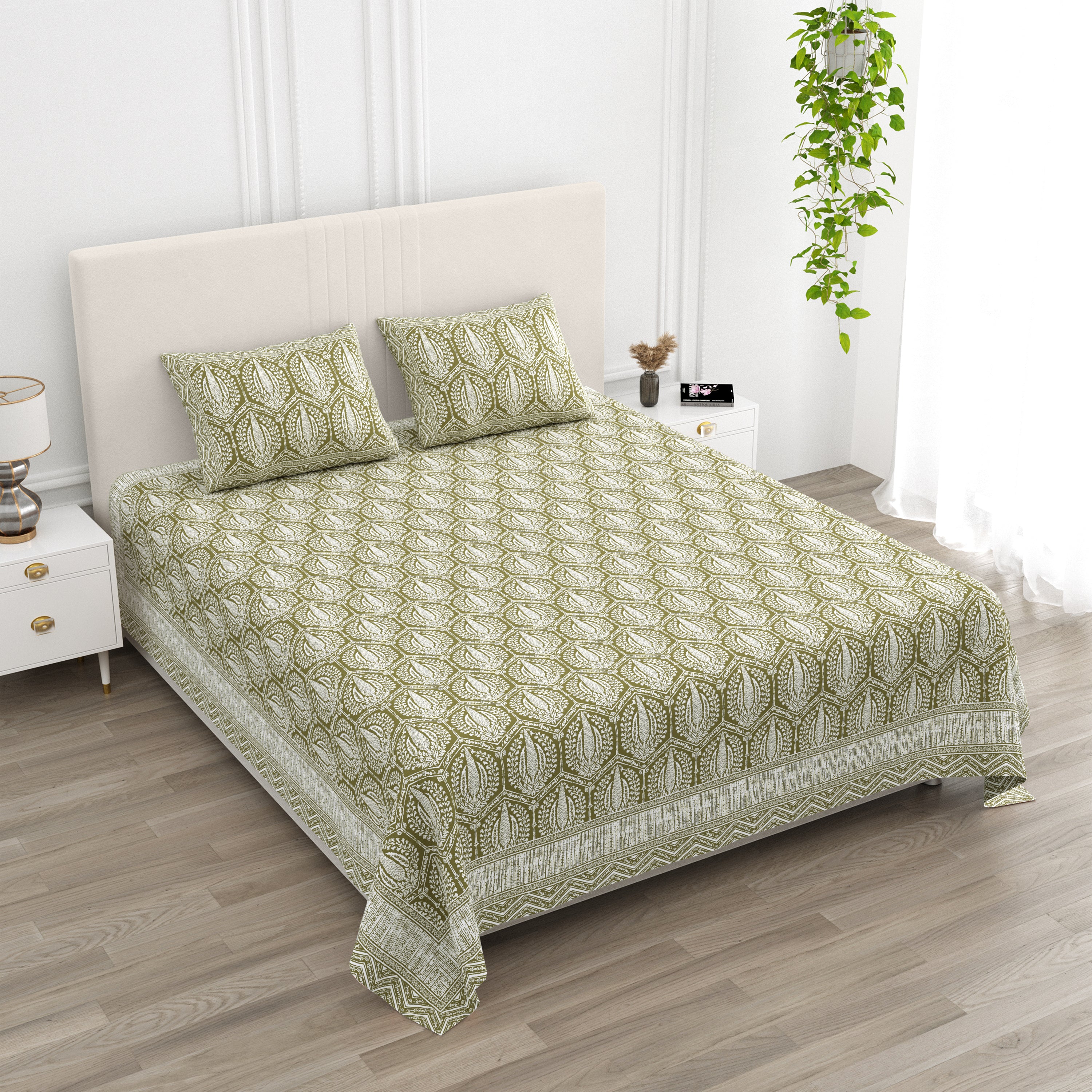 Hexagonal Print Cotton Bedsheet - Mustard Olive