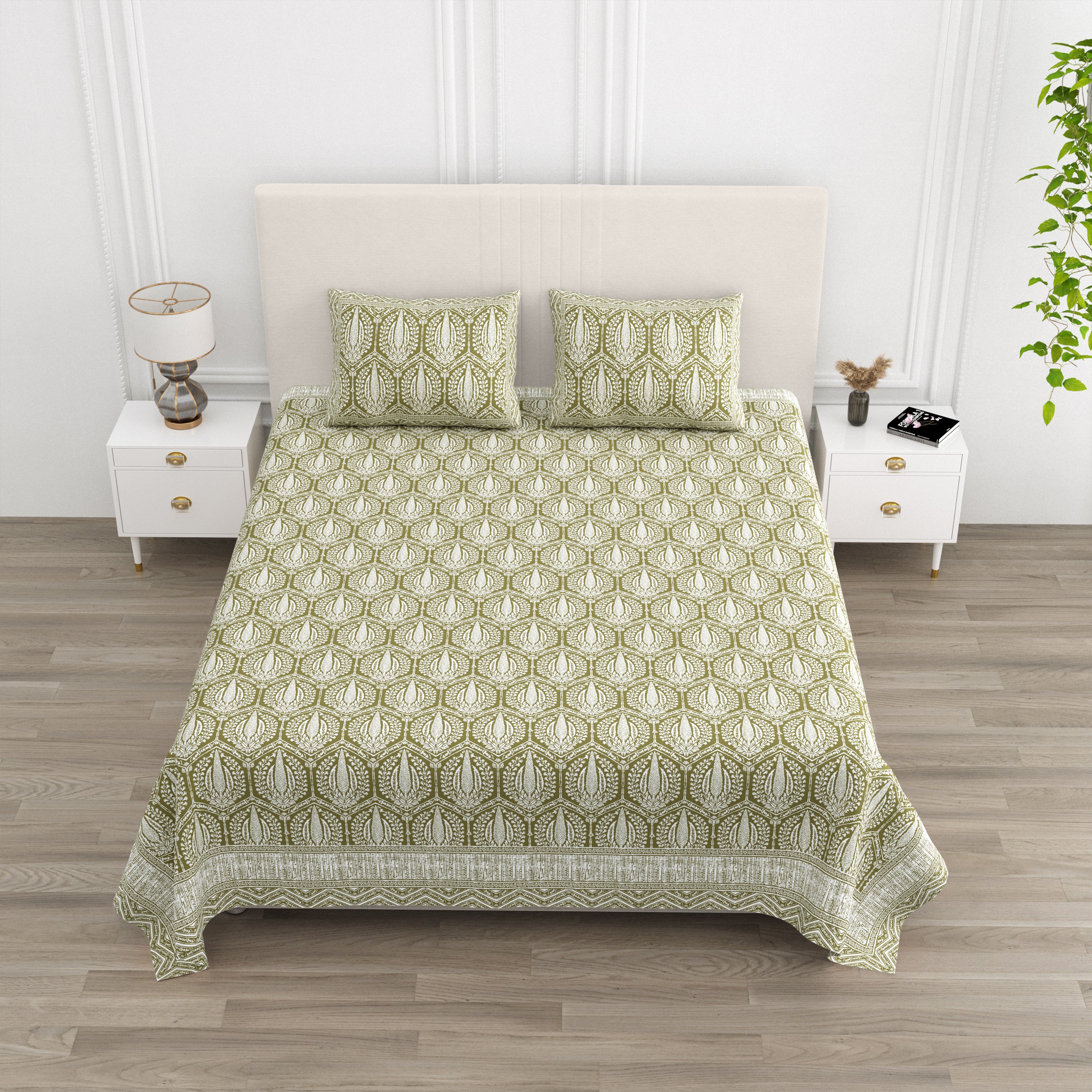 Hexagonal Print Cotton Bedsheet - Mustard Olive