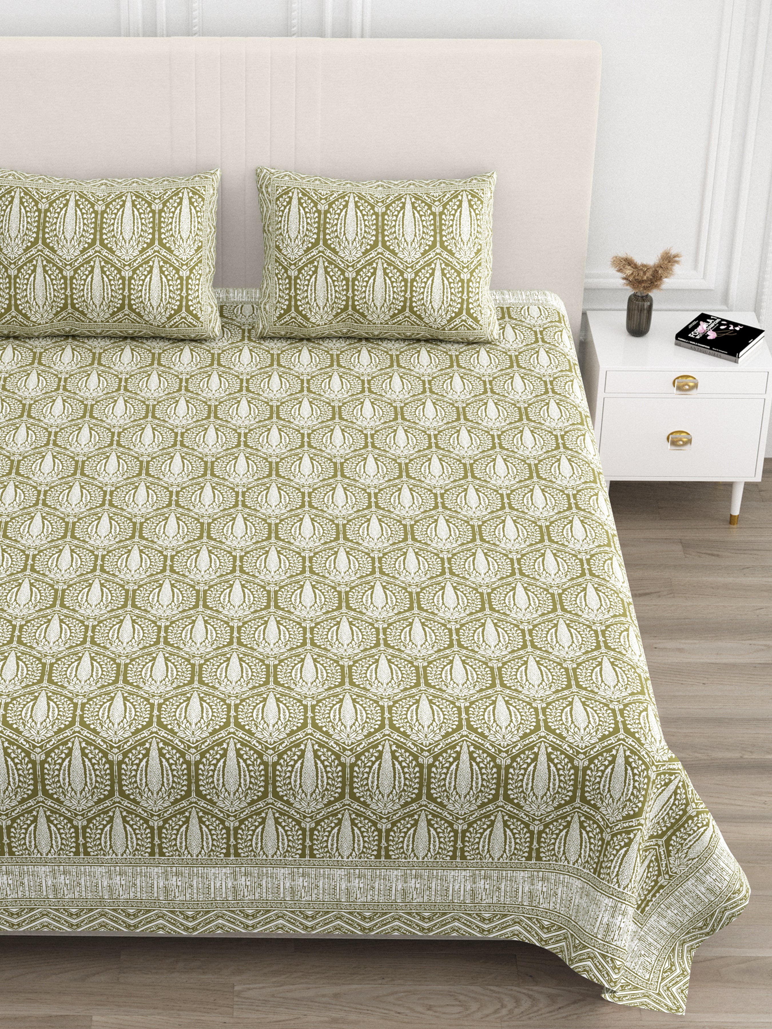 Hexagonal Print Cotton Bedsheet - Mustard Olive