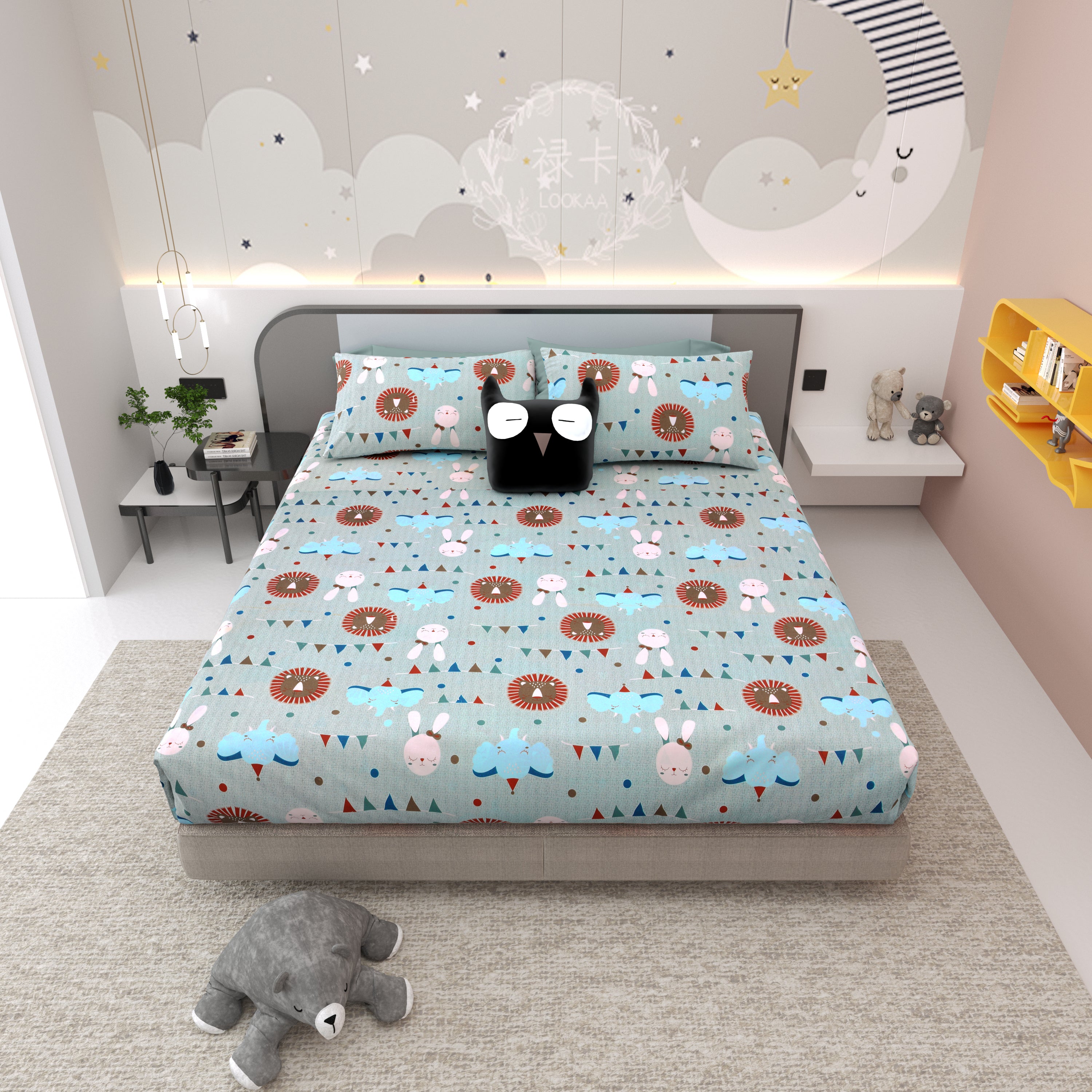 Jungle Carnival Pure Cotton Bedsheet- Mint Green