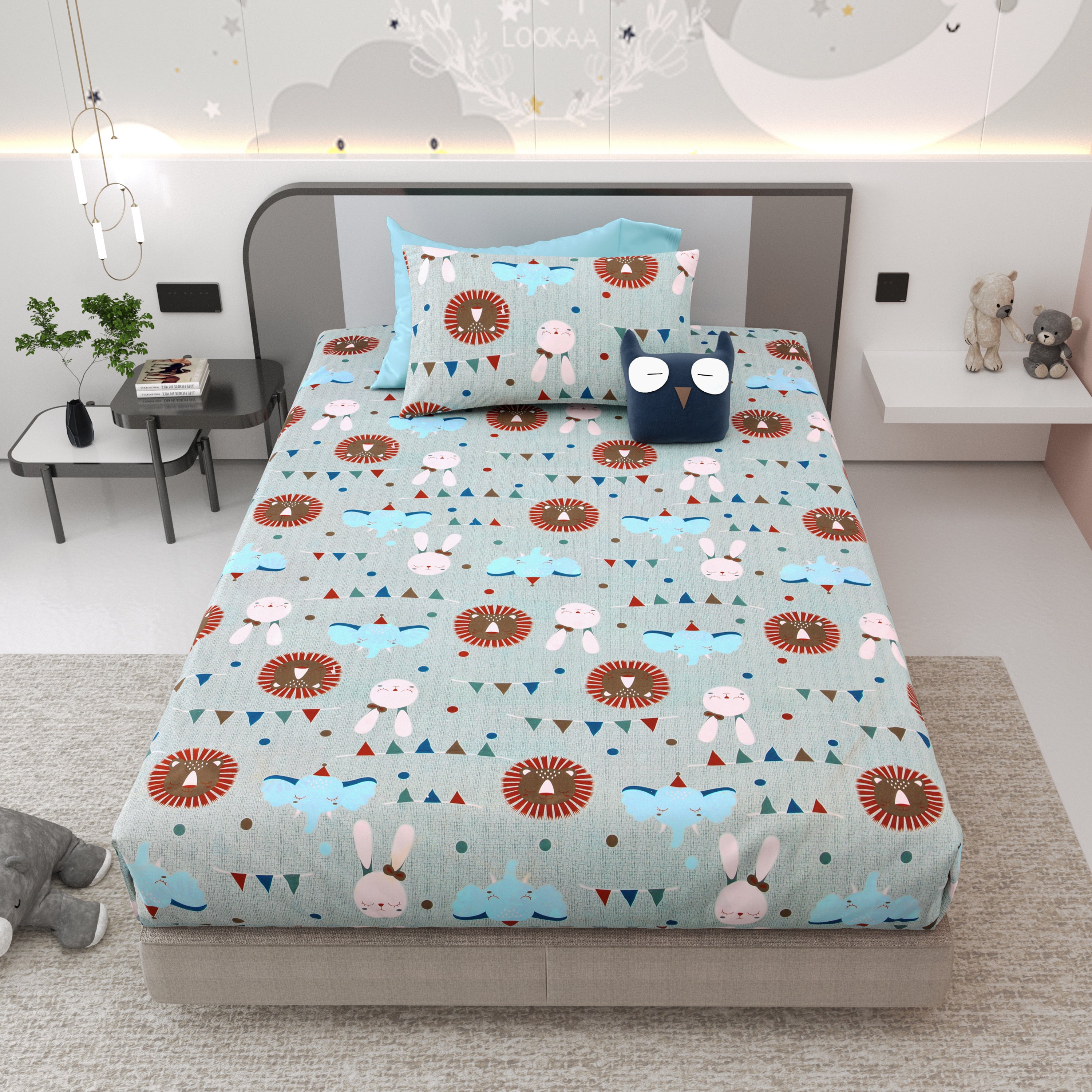 Jungle Carnival Pure Cotton Single Bedsheet Set of 2 - Mint Green
