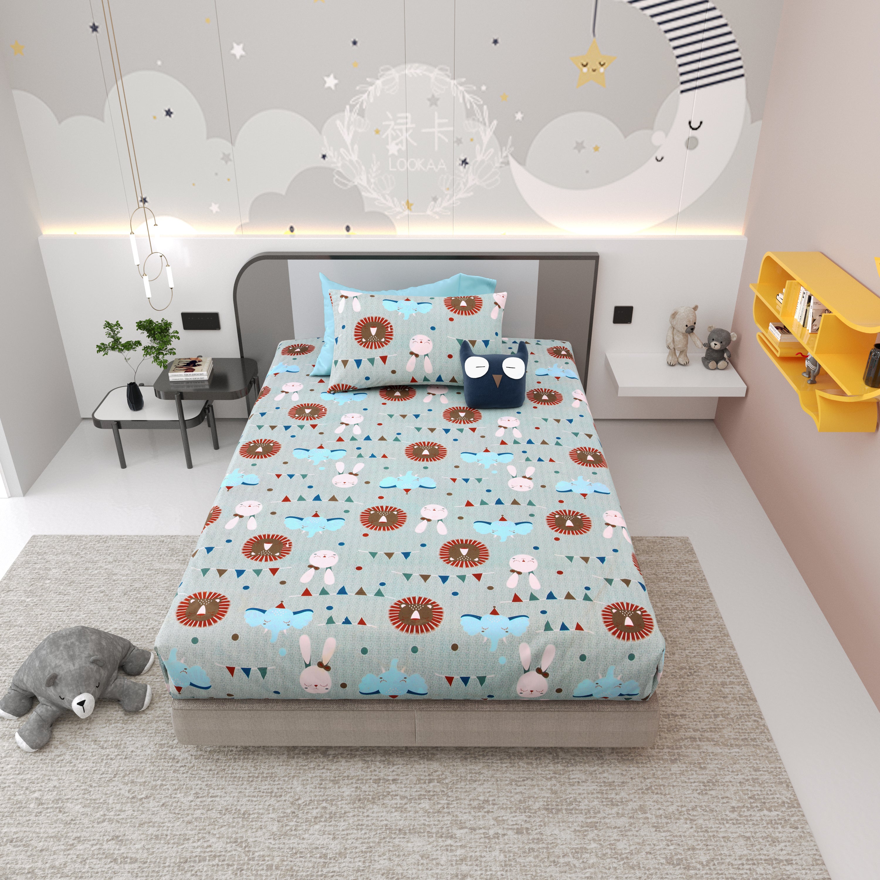 Jungle Carnival Pure Cotton Single Bedsheet Set of 2 - Mint Green