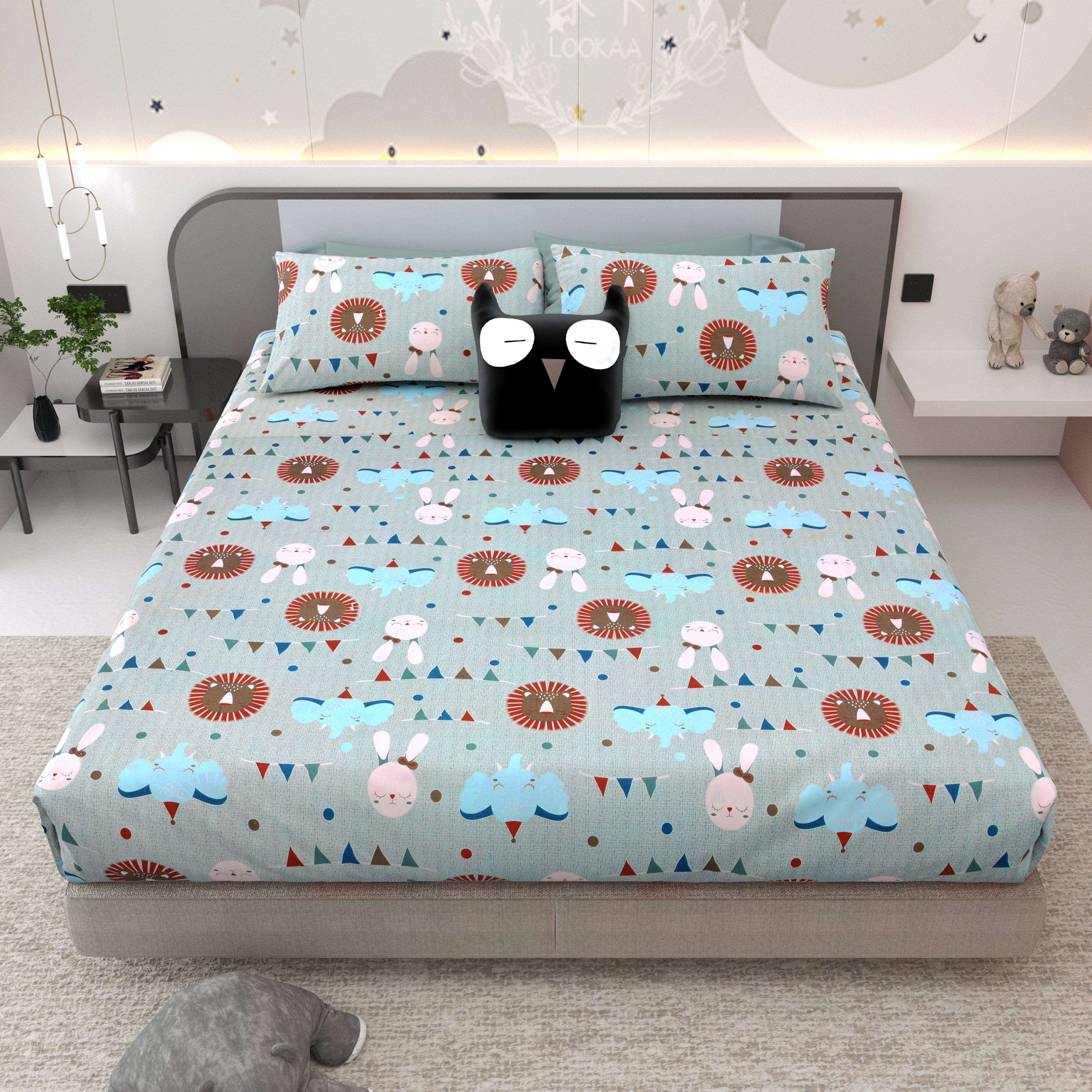 Jungle Carnival Pure Cotton Bedsheet- Mint Green