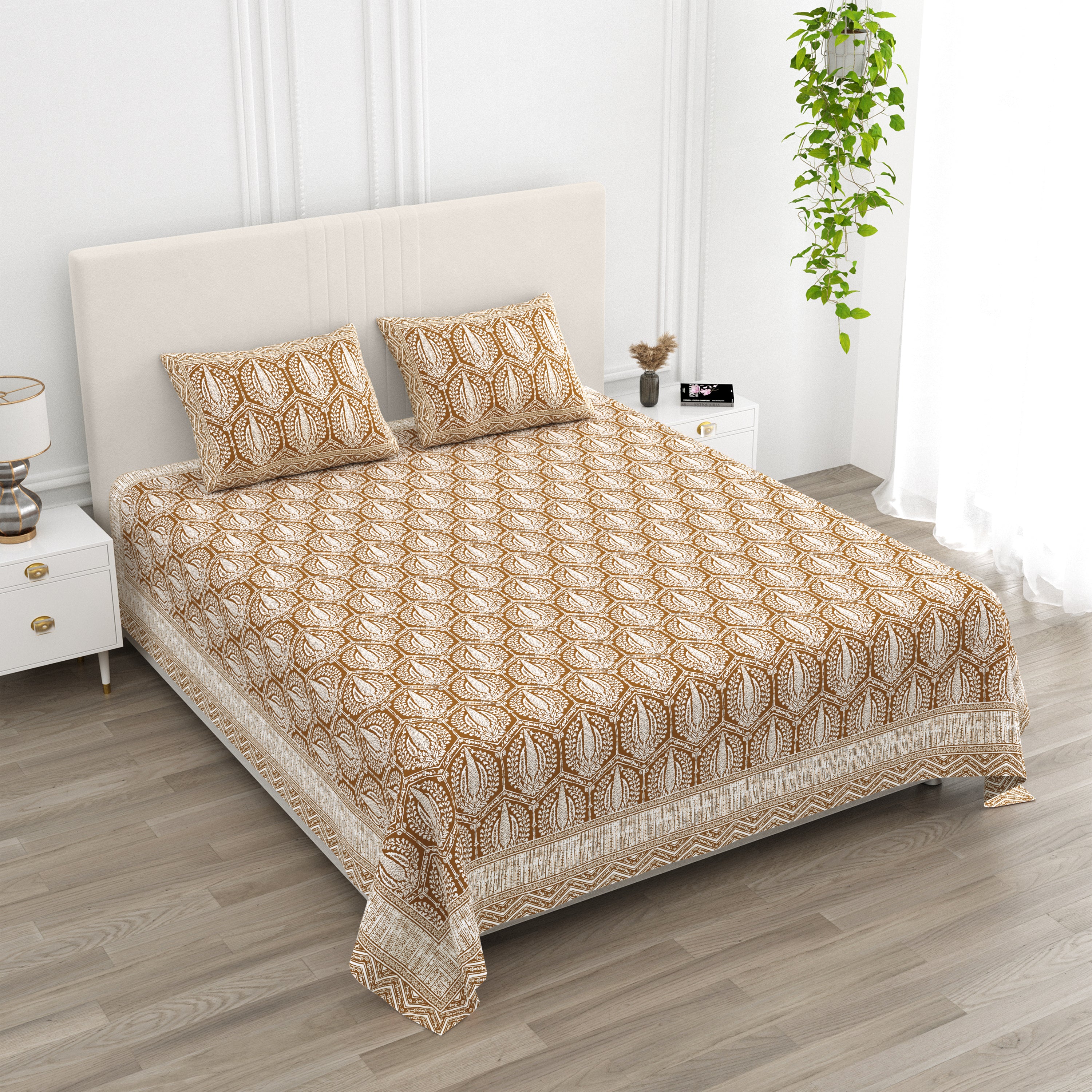 Hexagonal Print Cotton Bedsheet - Amber