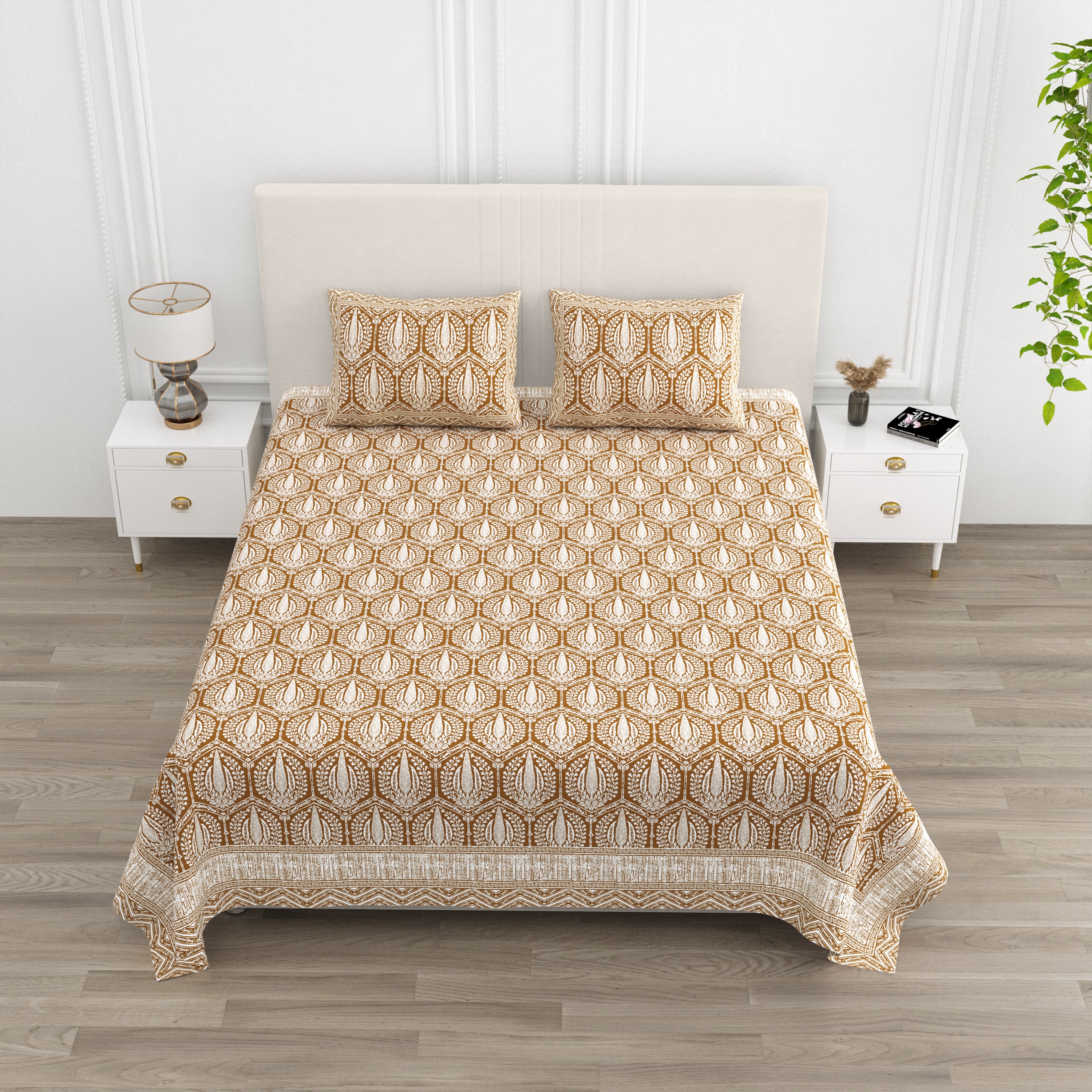 Hexagonal Print Cotton Bedsheet - Amber
