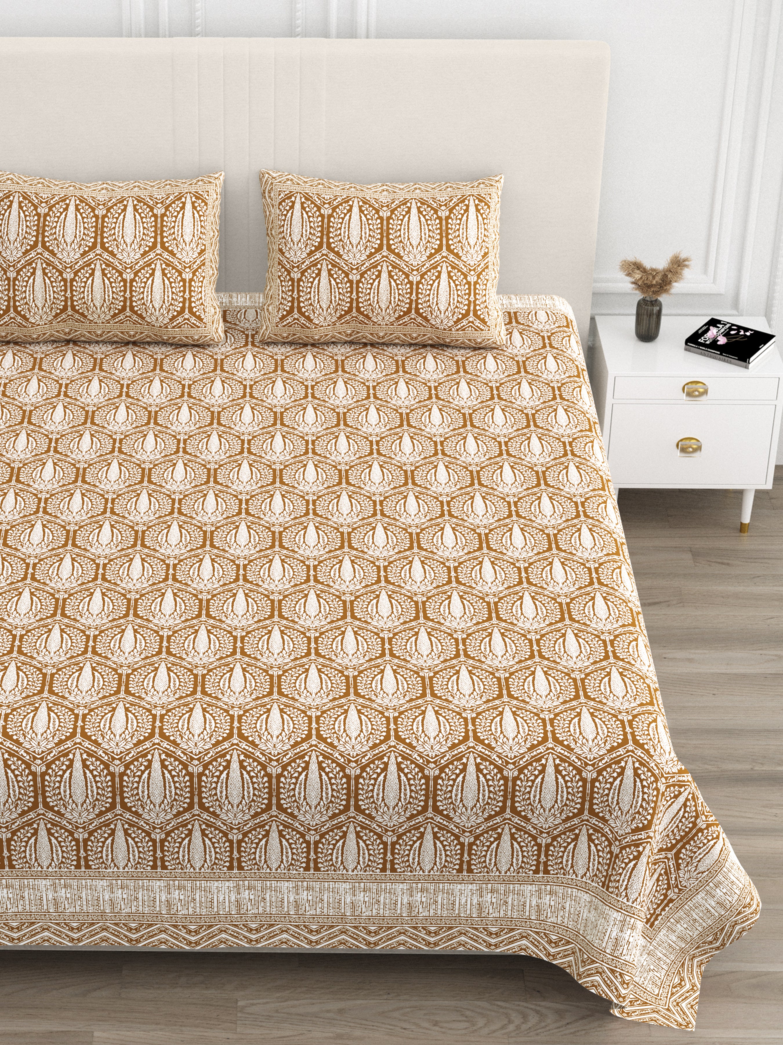 Hexagonal Print Cotton Bedsheet - Amber