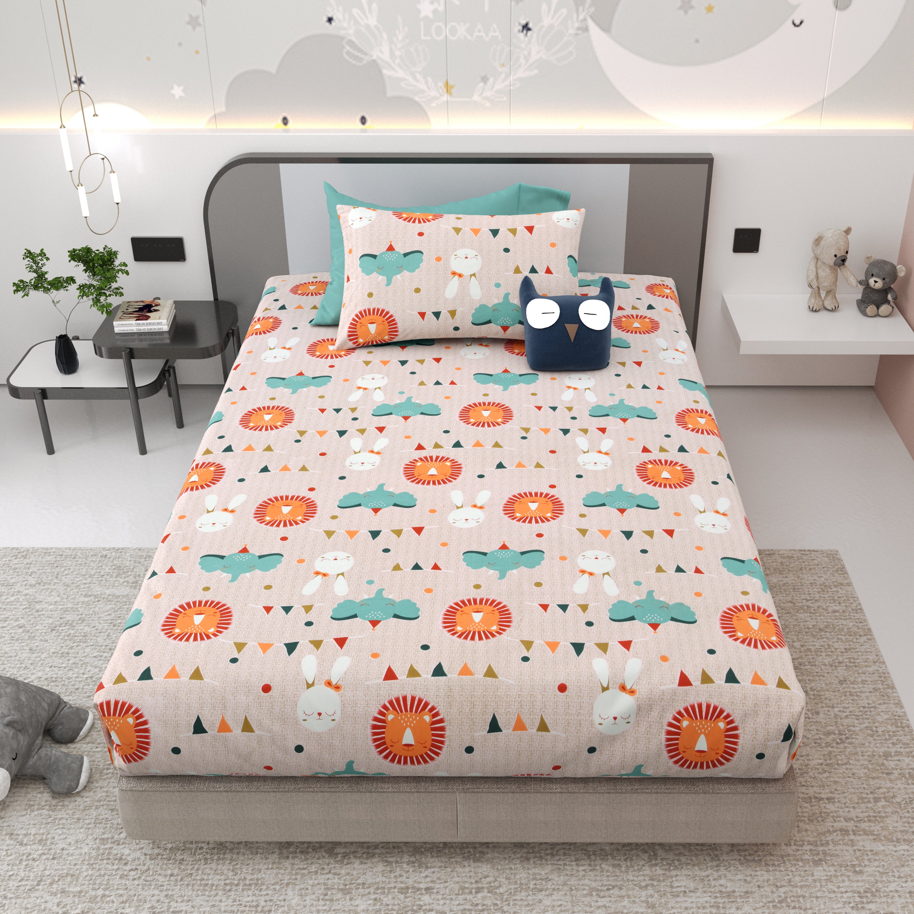 Jungle Carnival Pure Cotton Single Bedsheet Set of 2 - Cream