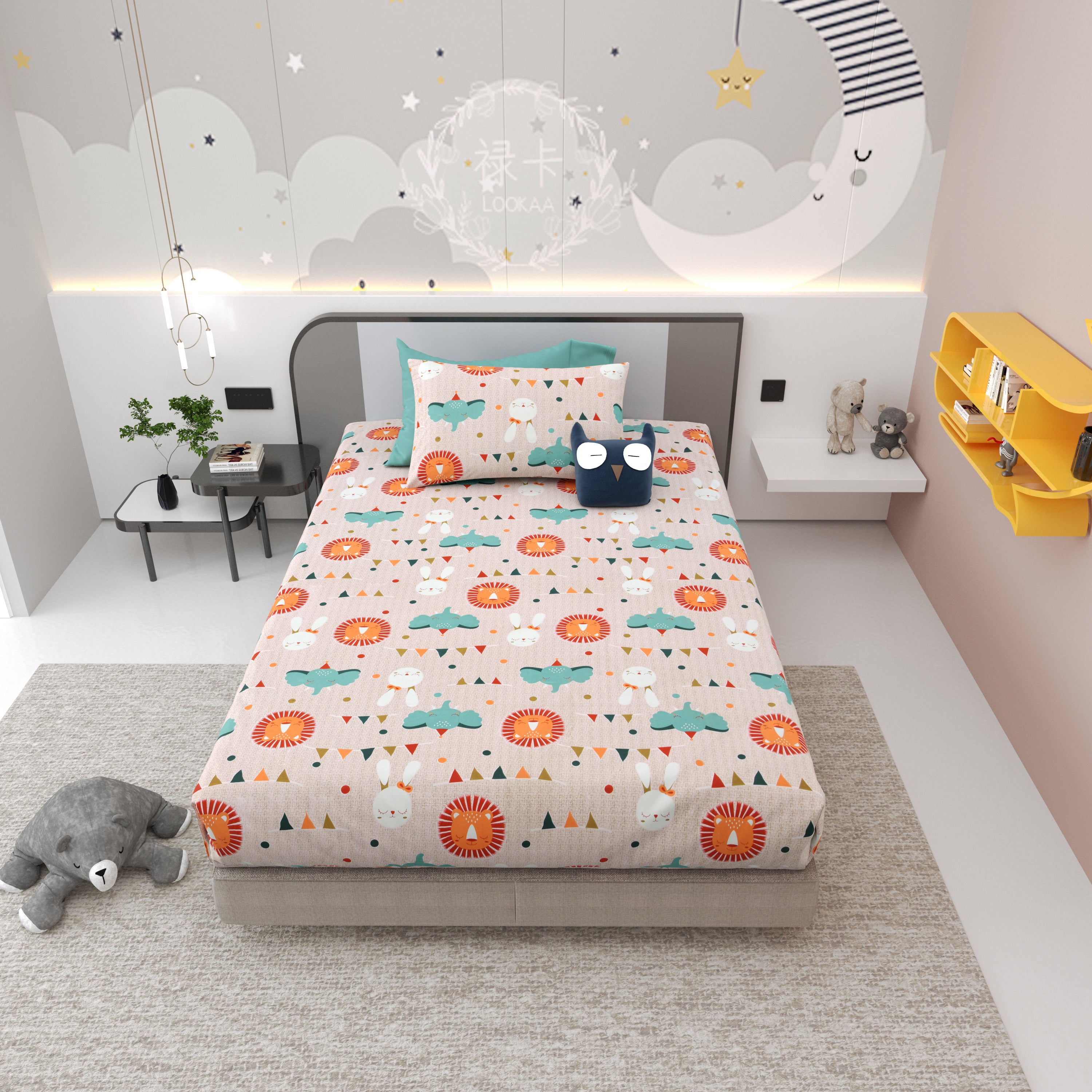 Jungle Carnival Pure Cotton Single Bedsheet Set of 2 - Cream