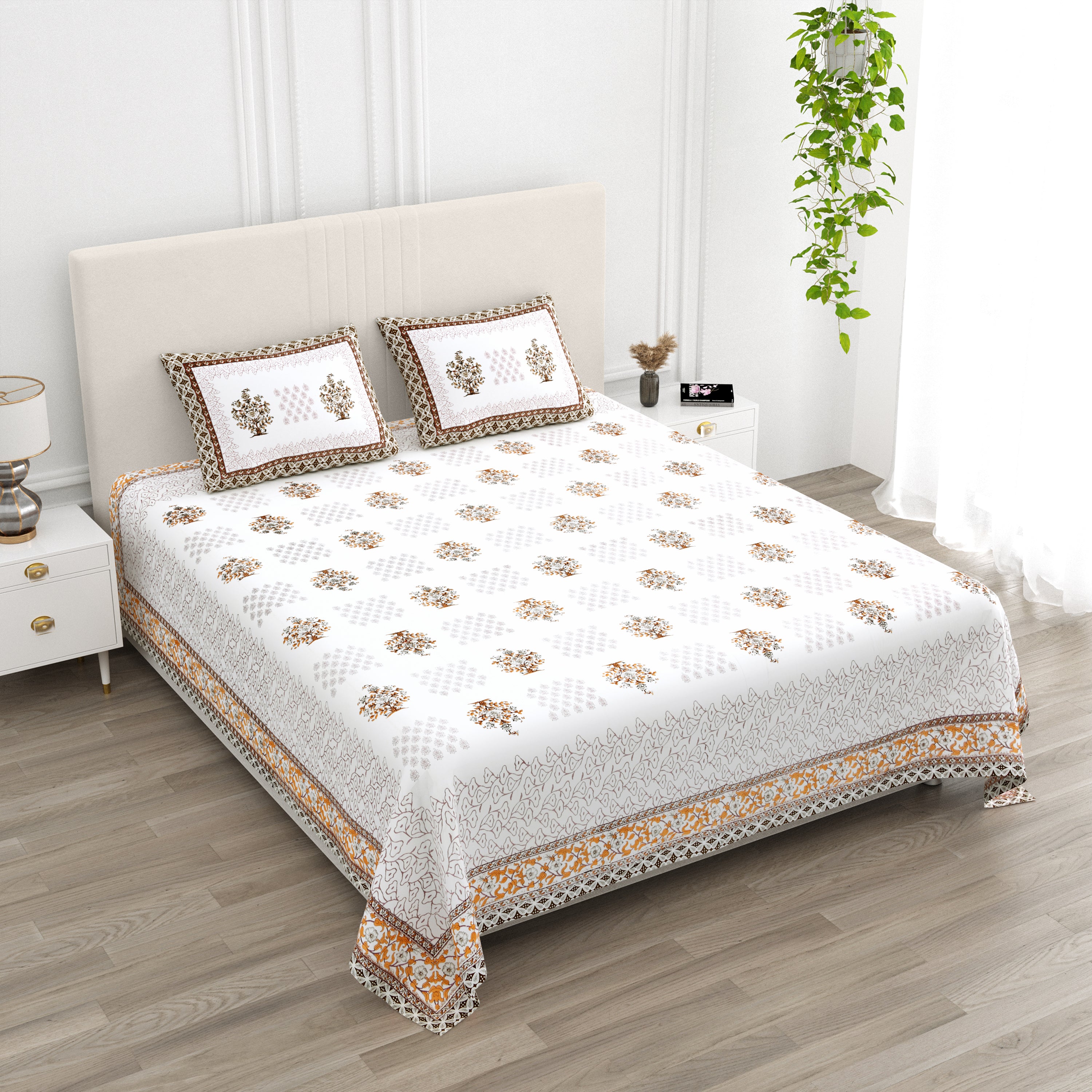 Block-Printed Butti Cotton Bedsheet - Rust