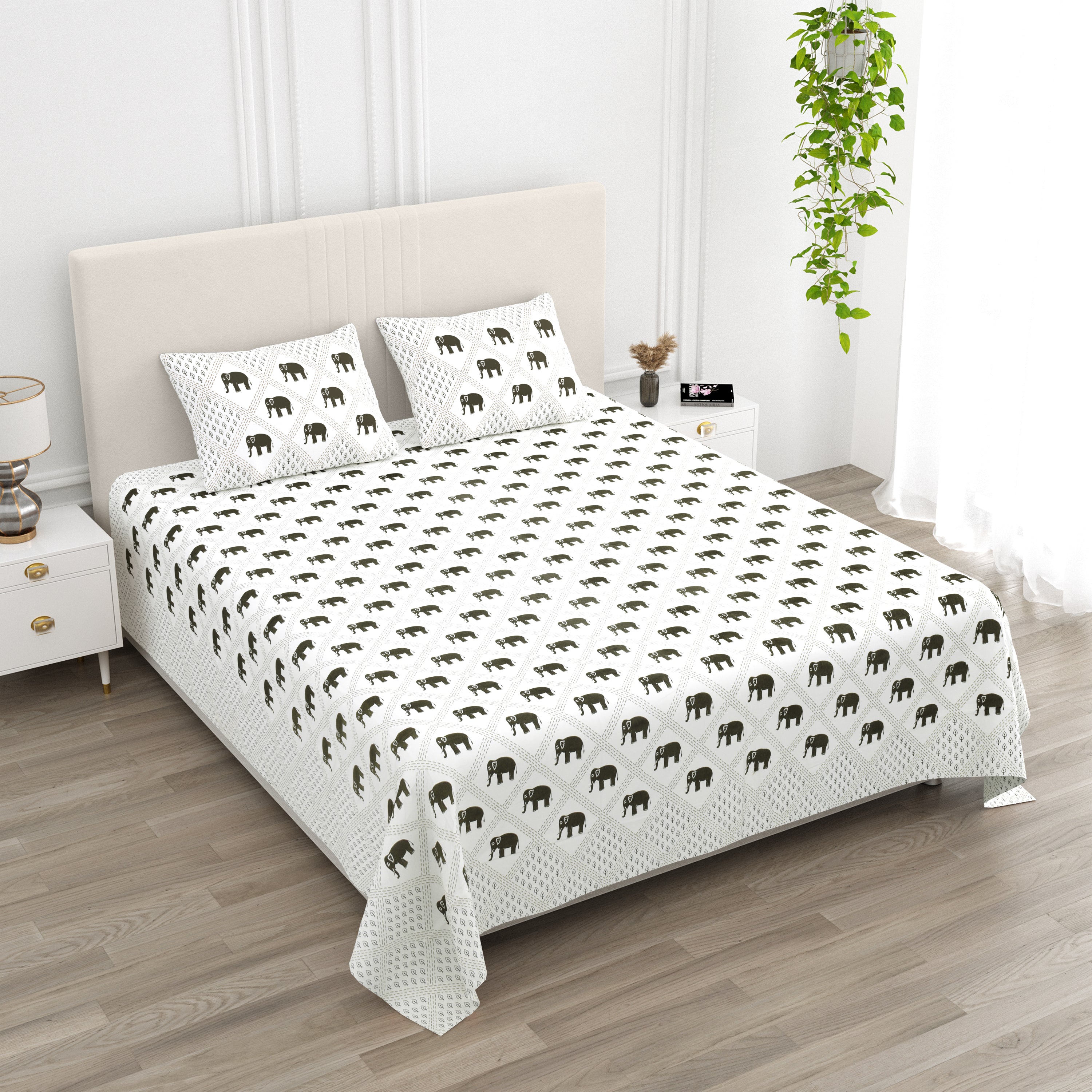 Standing Elephant Cotton Bedsheet - Charcoal Black