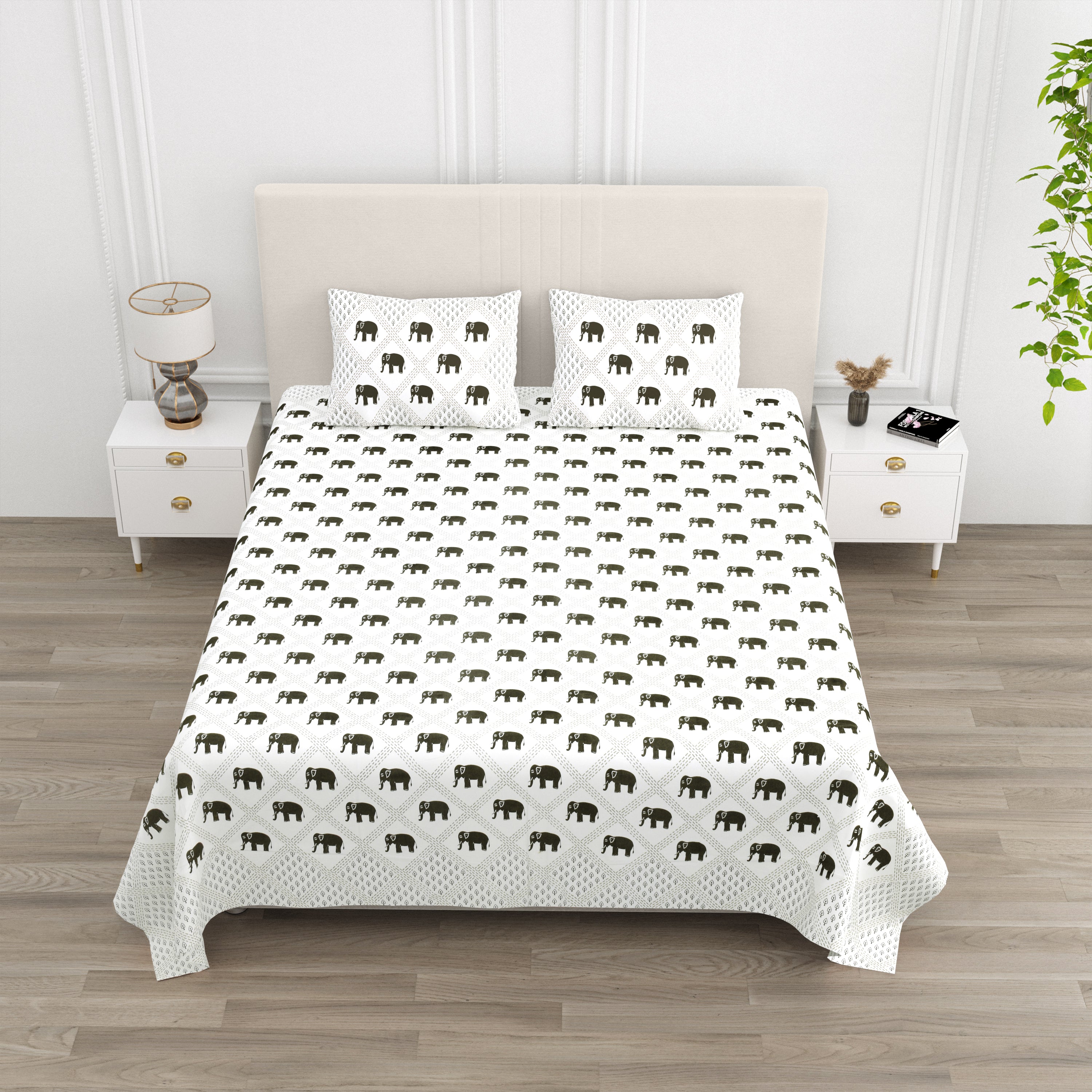 Standing Elephant Cotton Bedsheet - Charcoal Black