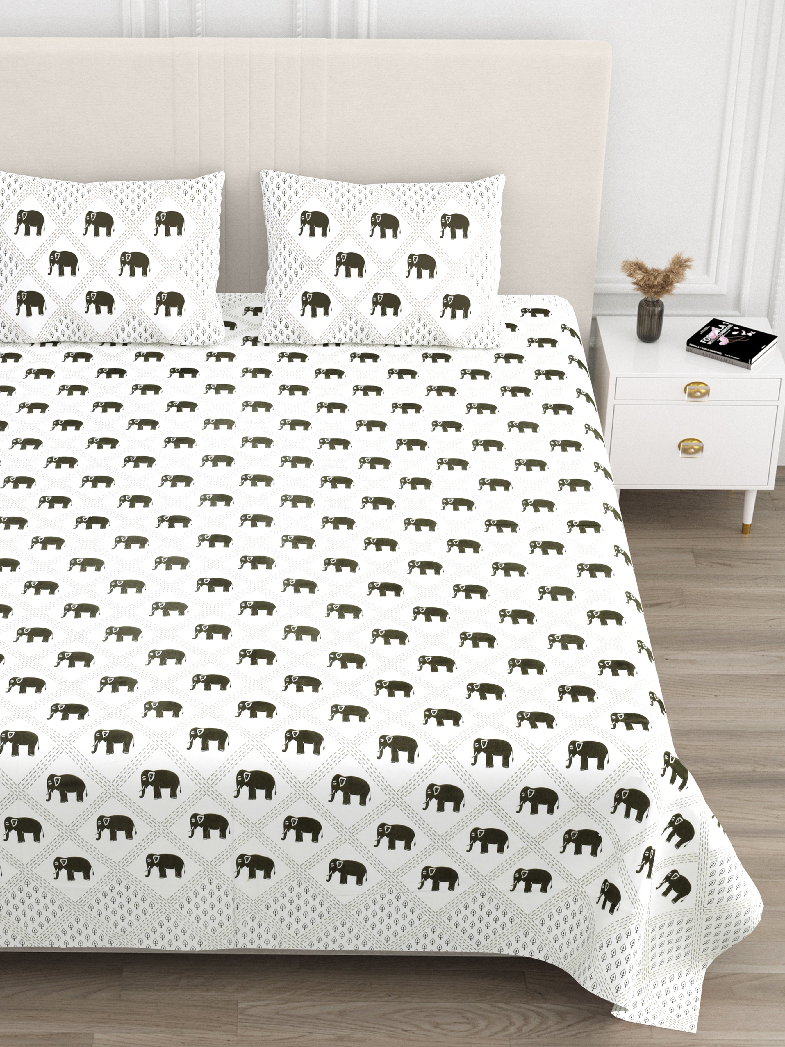 Standing Elephant Cotton Bedsheet - Charcoal Black