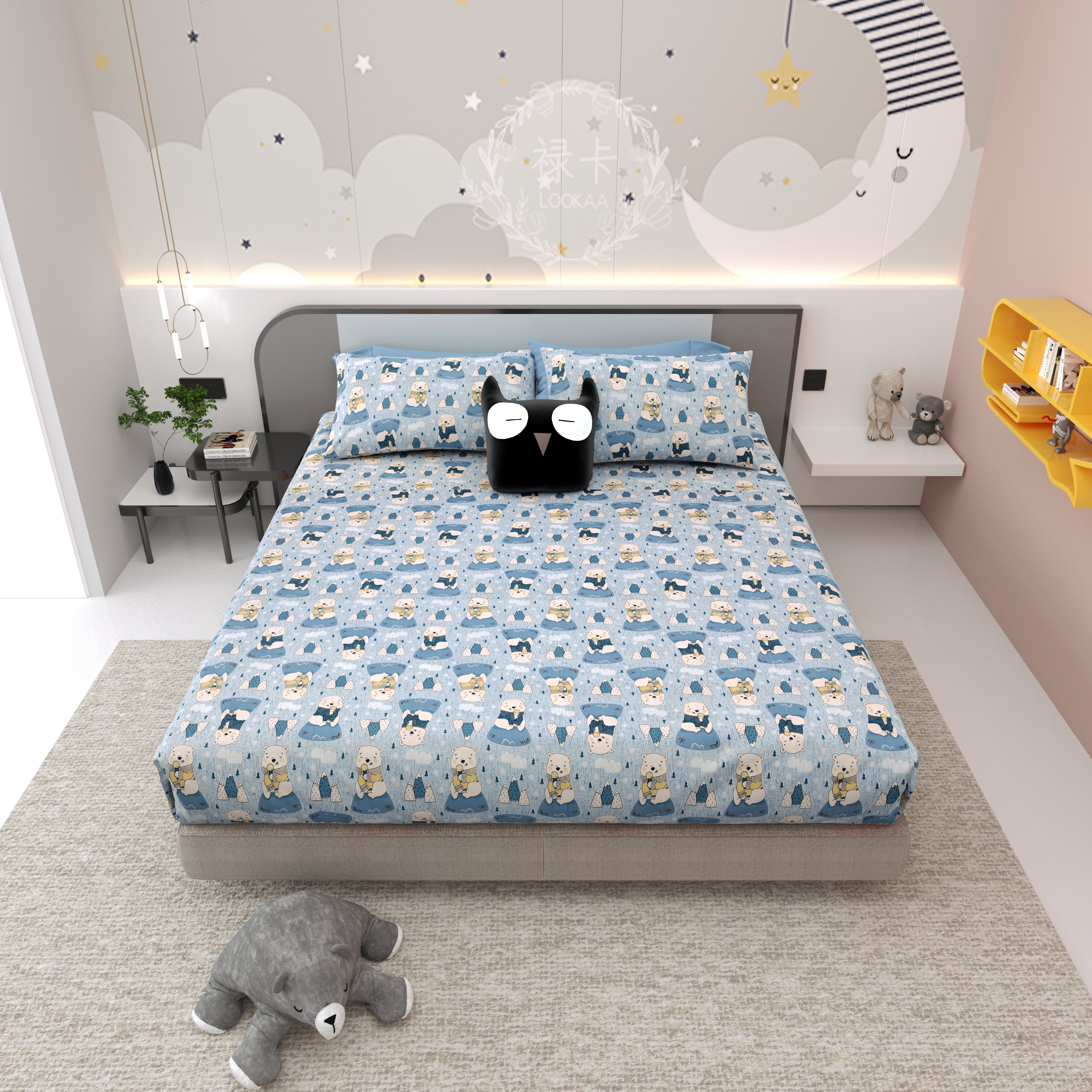 Bear Buddies Pure Cotton Bedsheet- Blue