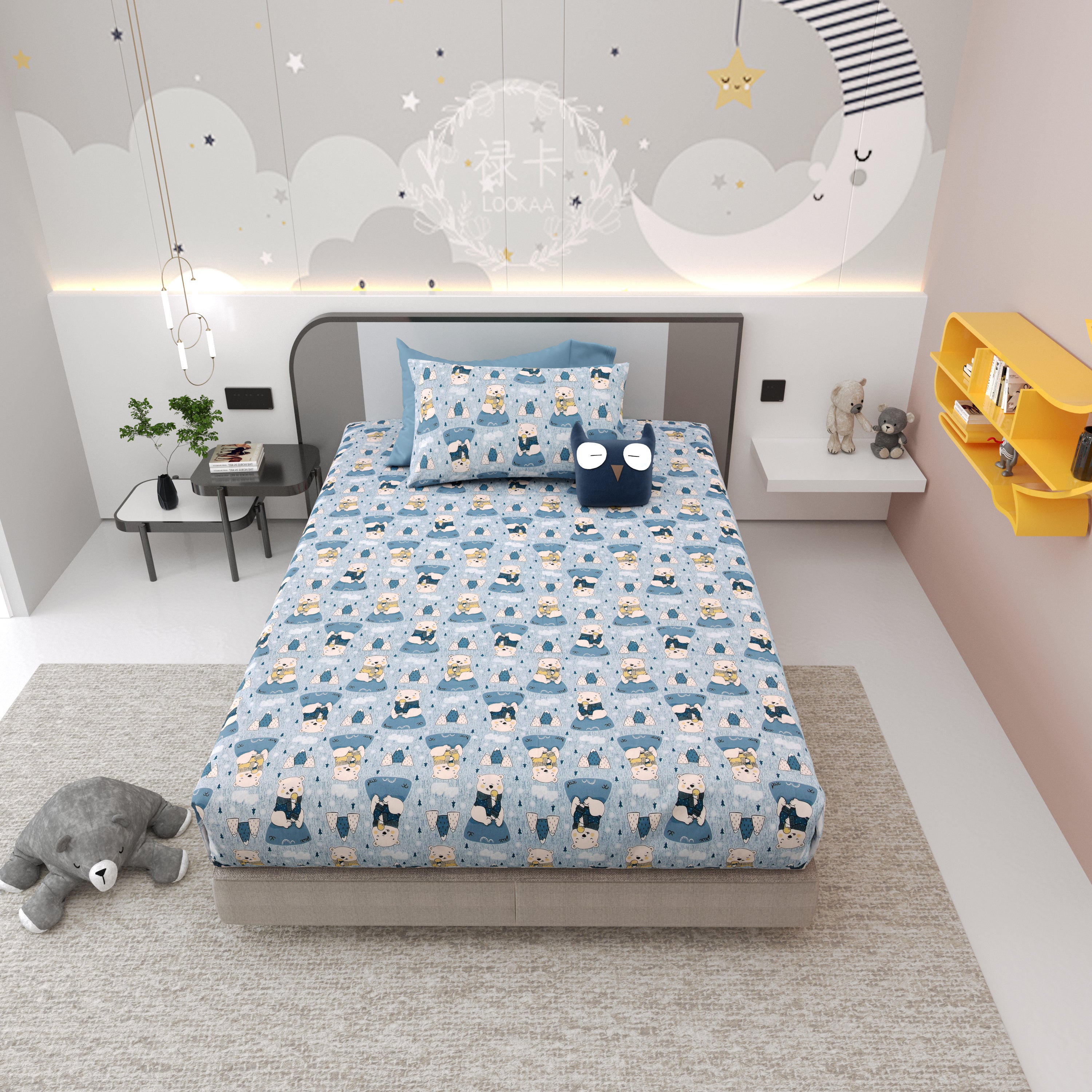 Bear Buddies Pure Cotton Single Bedsheet Set of 2- Blue