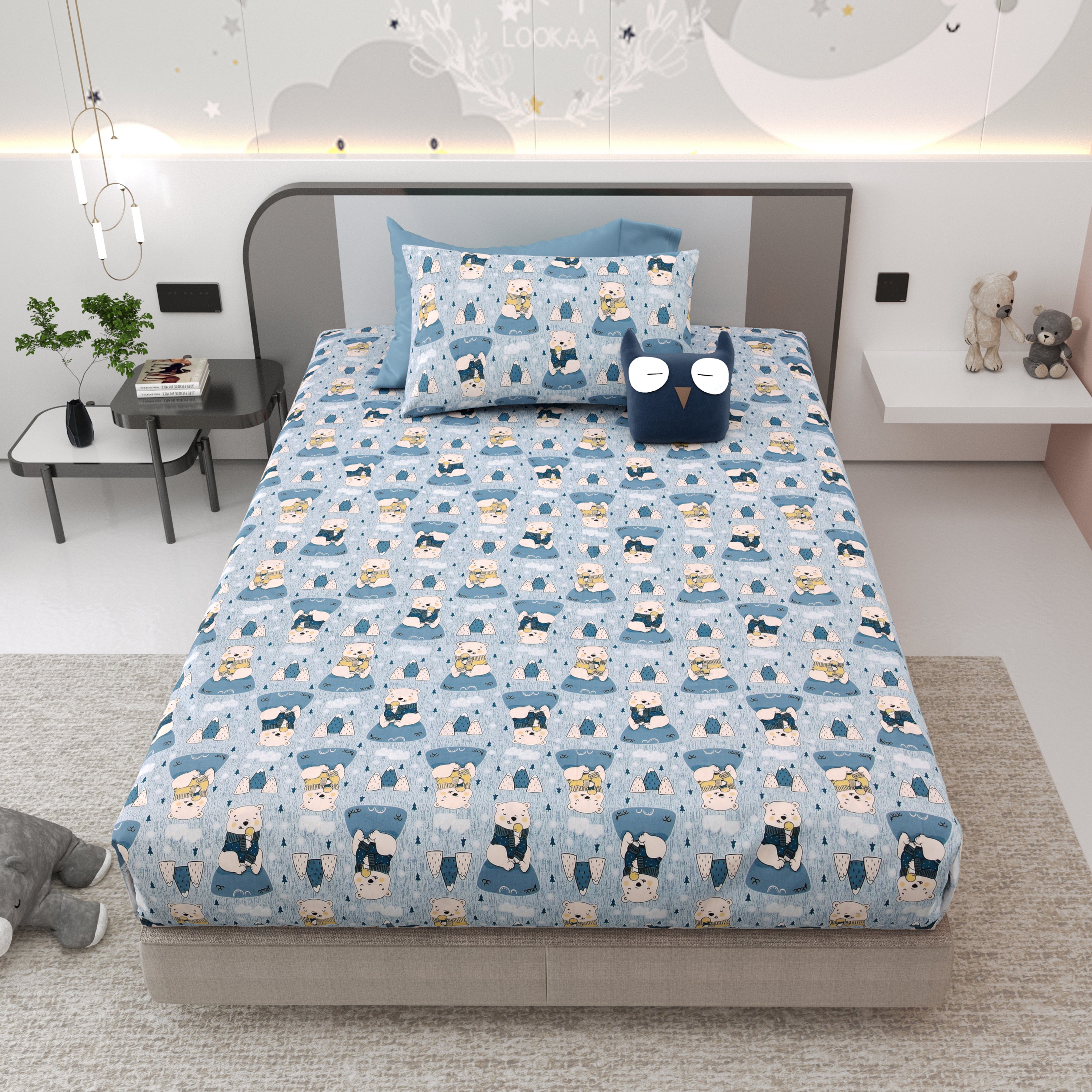 Bear Buddies Pure Cotton Single Bedsheet Set of 2- Blue