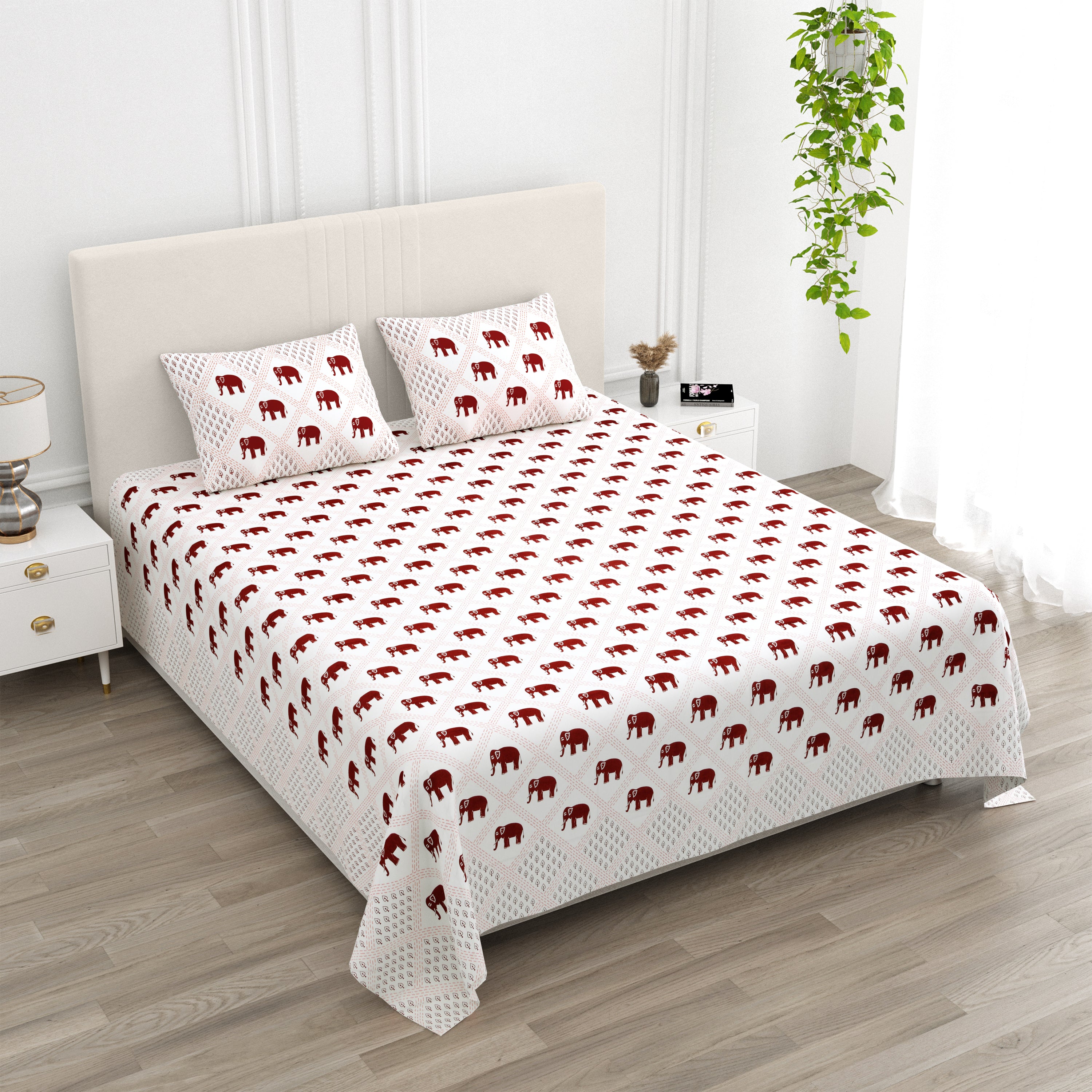Standing Elephant Cotton Bedsheet - Red