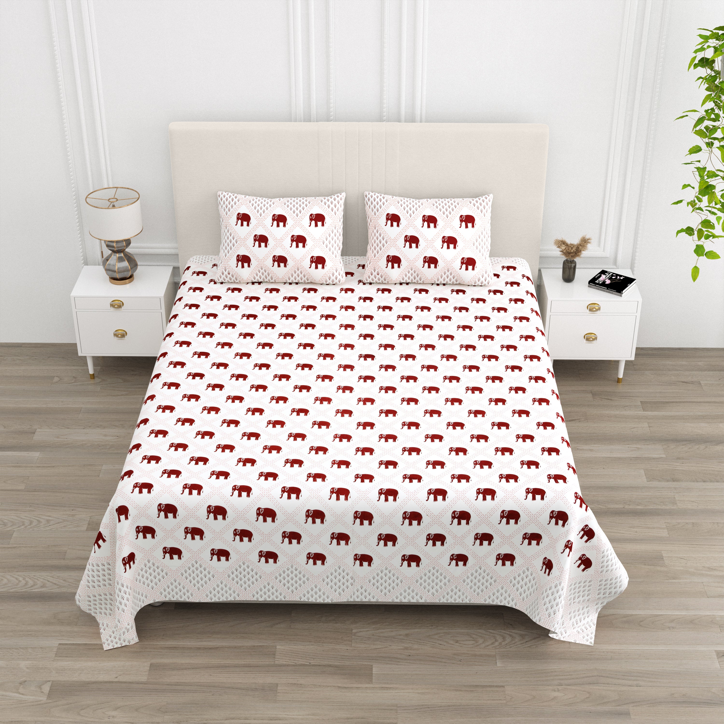 Standing Elephant Cotton Bedsheet - Red