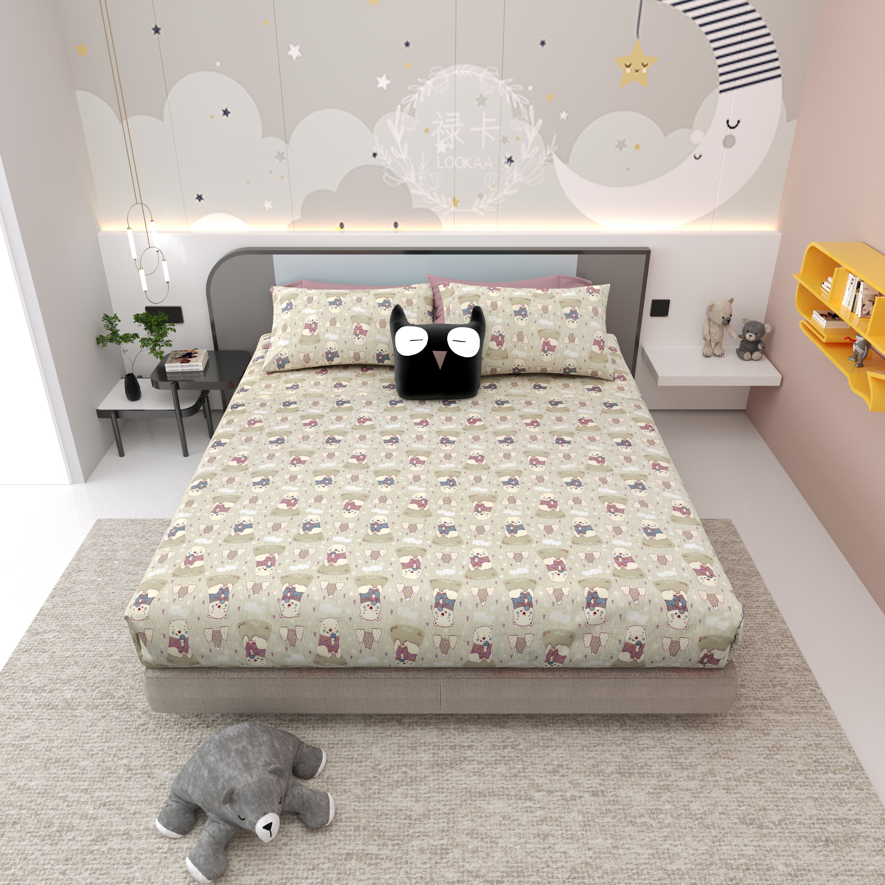 Bear Buddies Pure Cotton Bedsheet- Beige