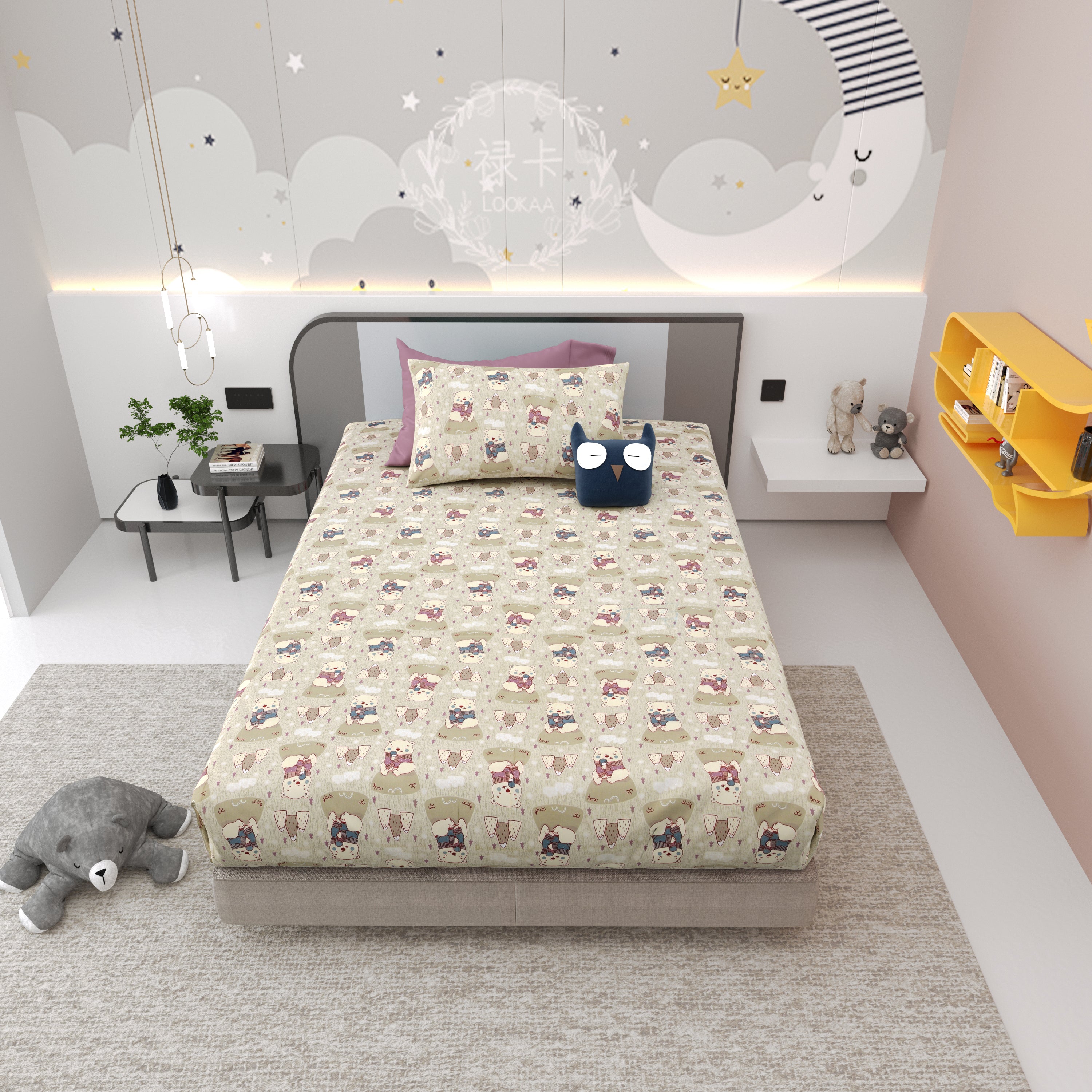 Bear Buddies Pure Cotton Single Bedsheet Set of 2 - Beige