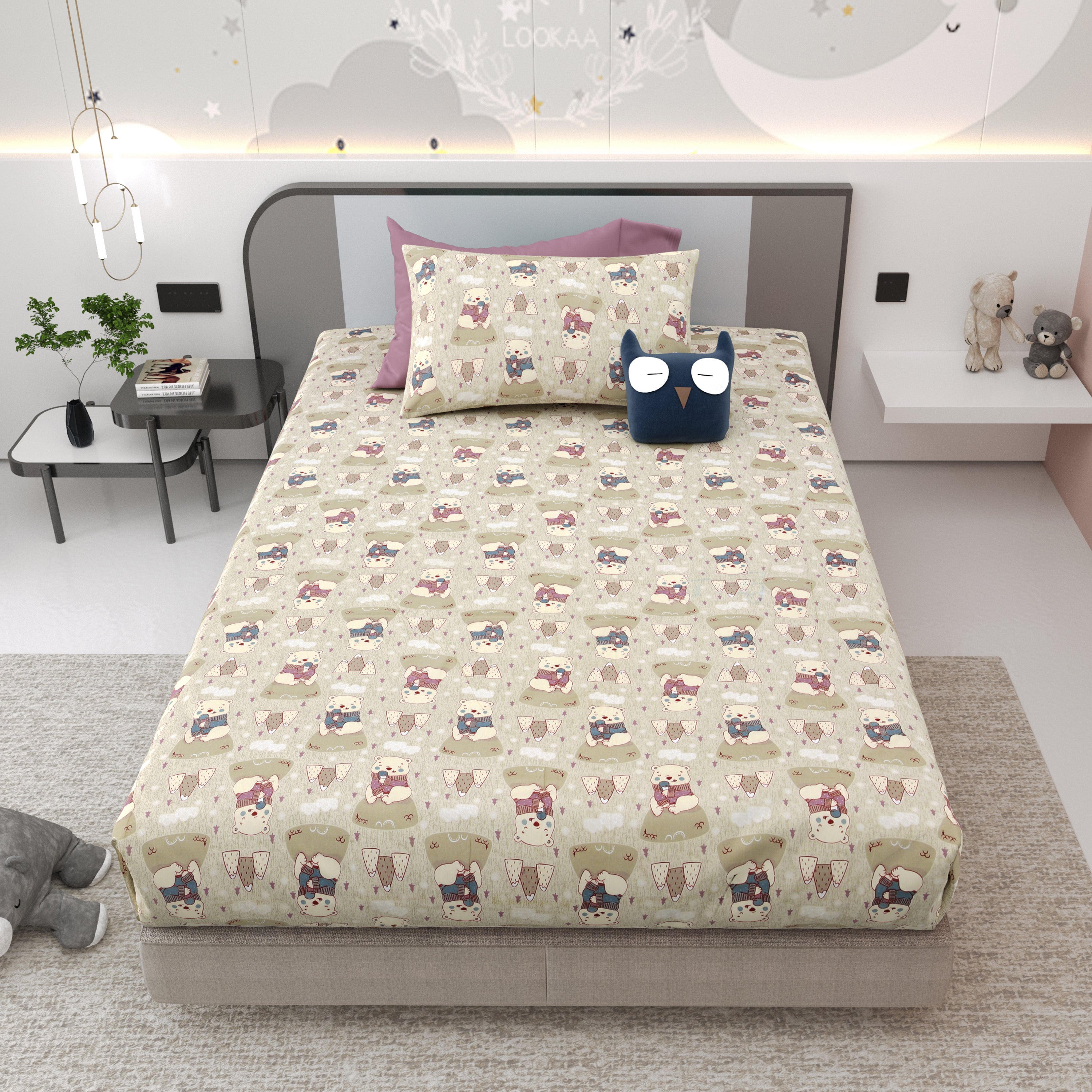 Bear Buddies Pure Cotton Single Bedsheet Set of 2 - Beige