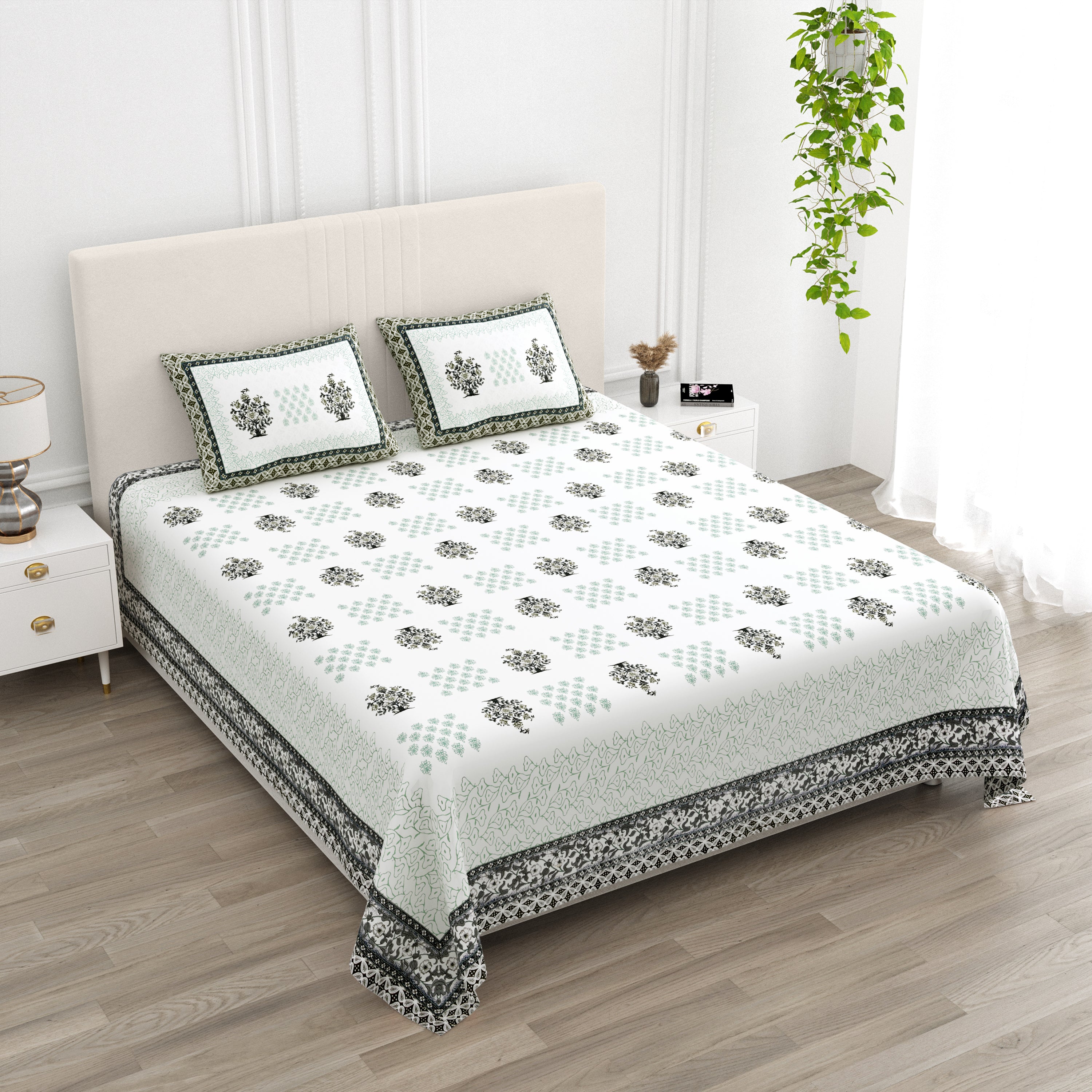 Block-Printed Butti Cotton Bedsheet - Sage Green