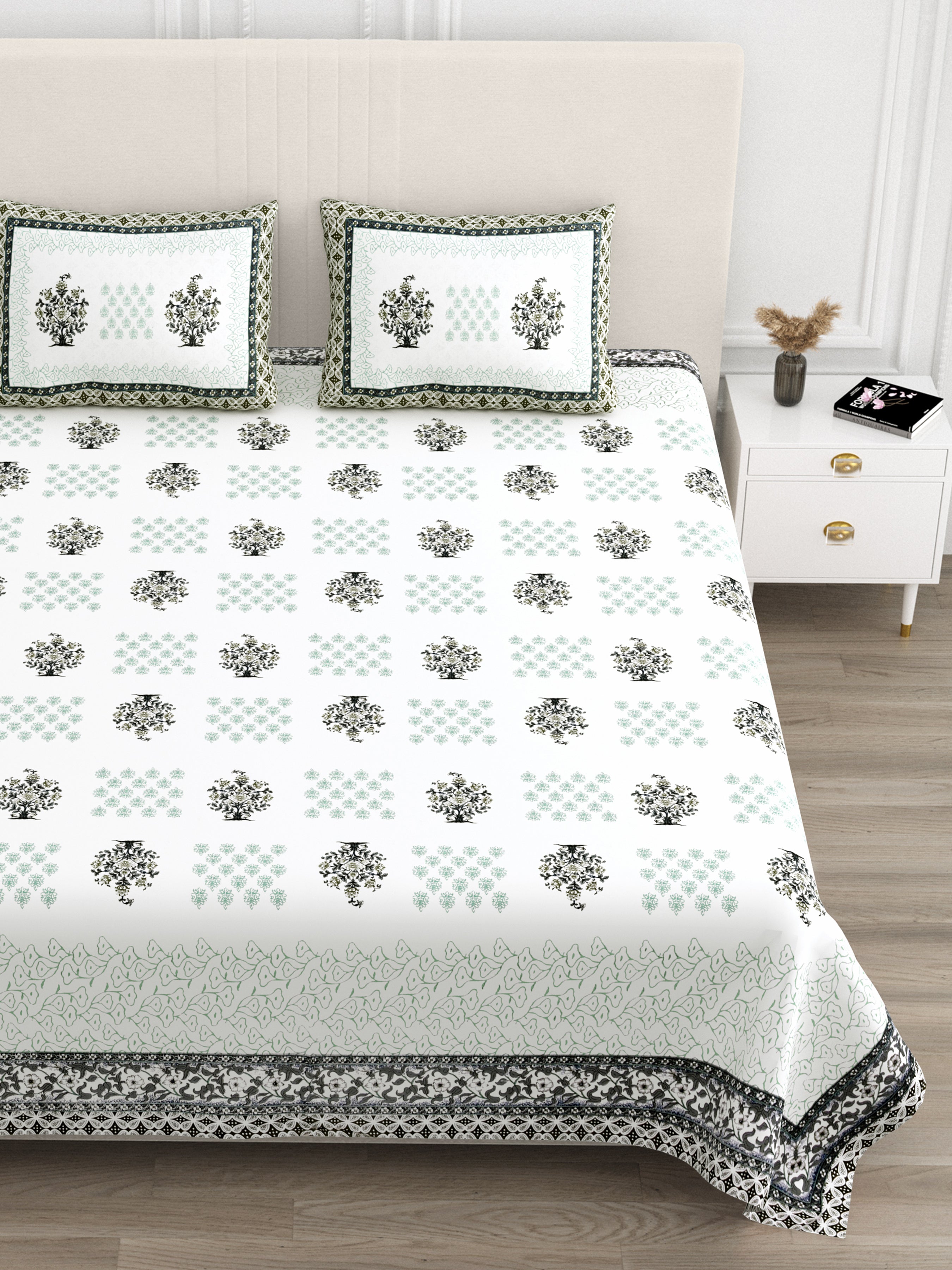 Block-Printed Butti Cotton Bedsheet - Sage Green