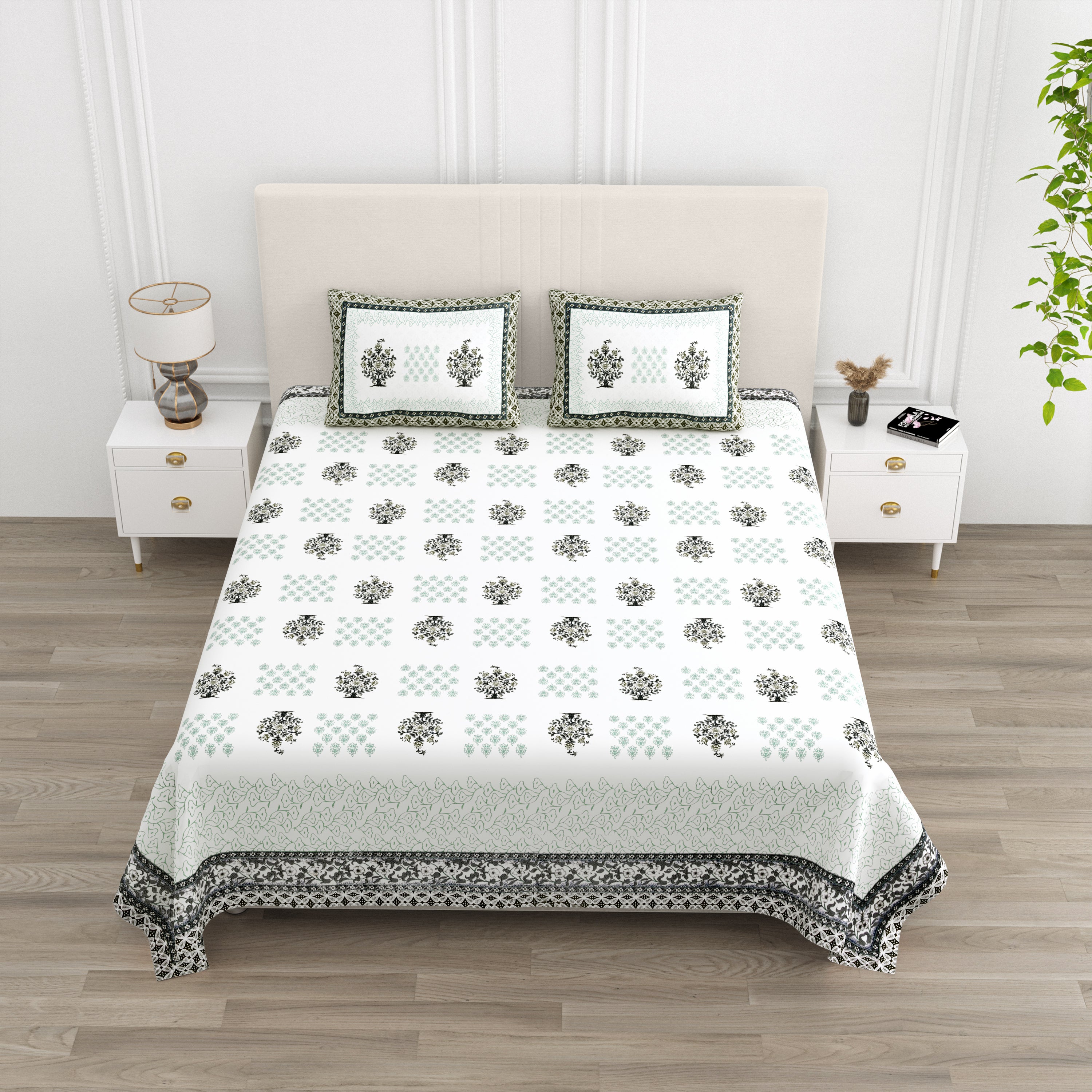 Block-Printed Butti Cotton Bedsheet - Sage Green