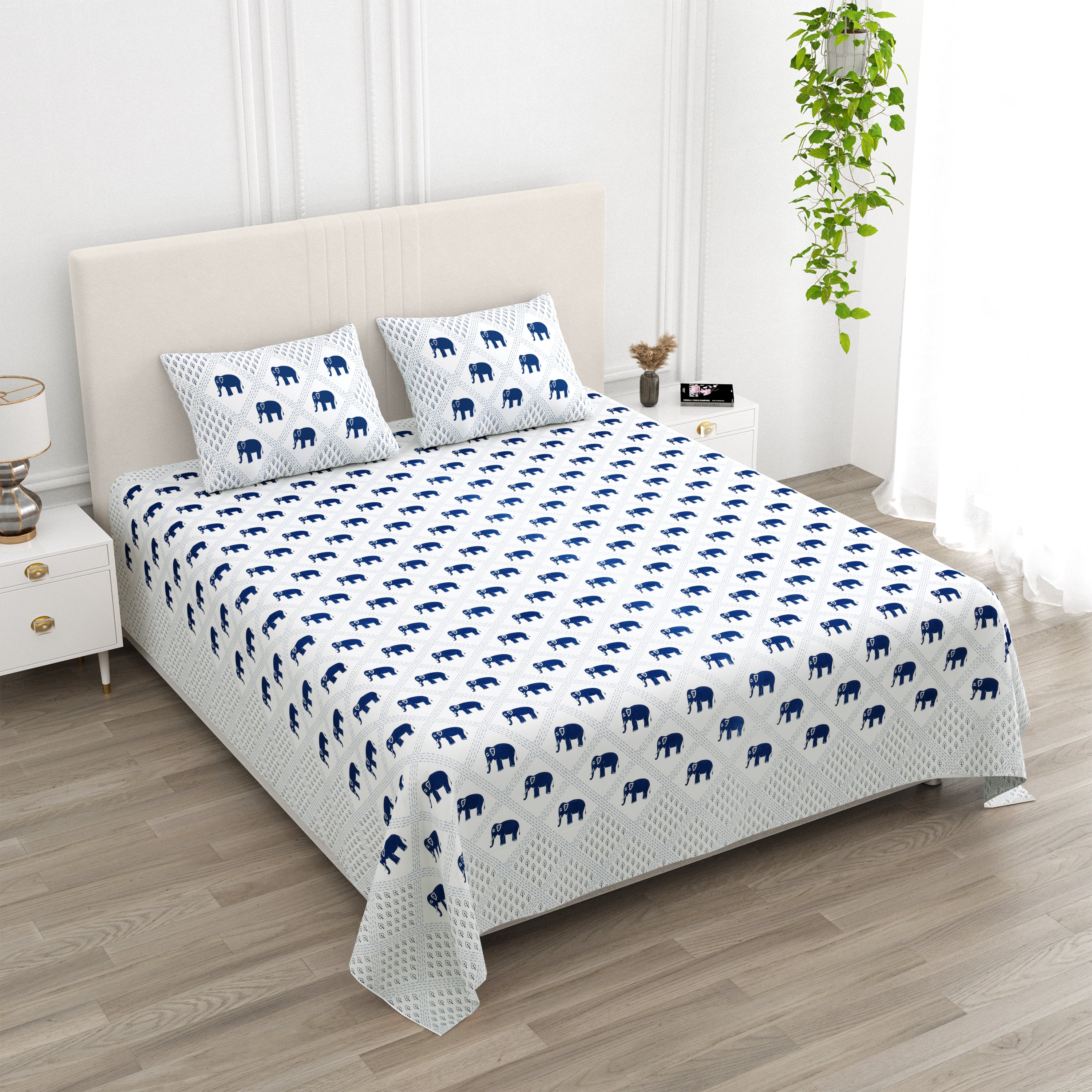 Standing Elephant Cotton Bedsheet - Blue
