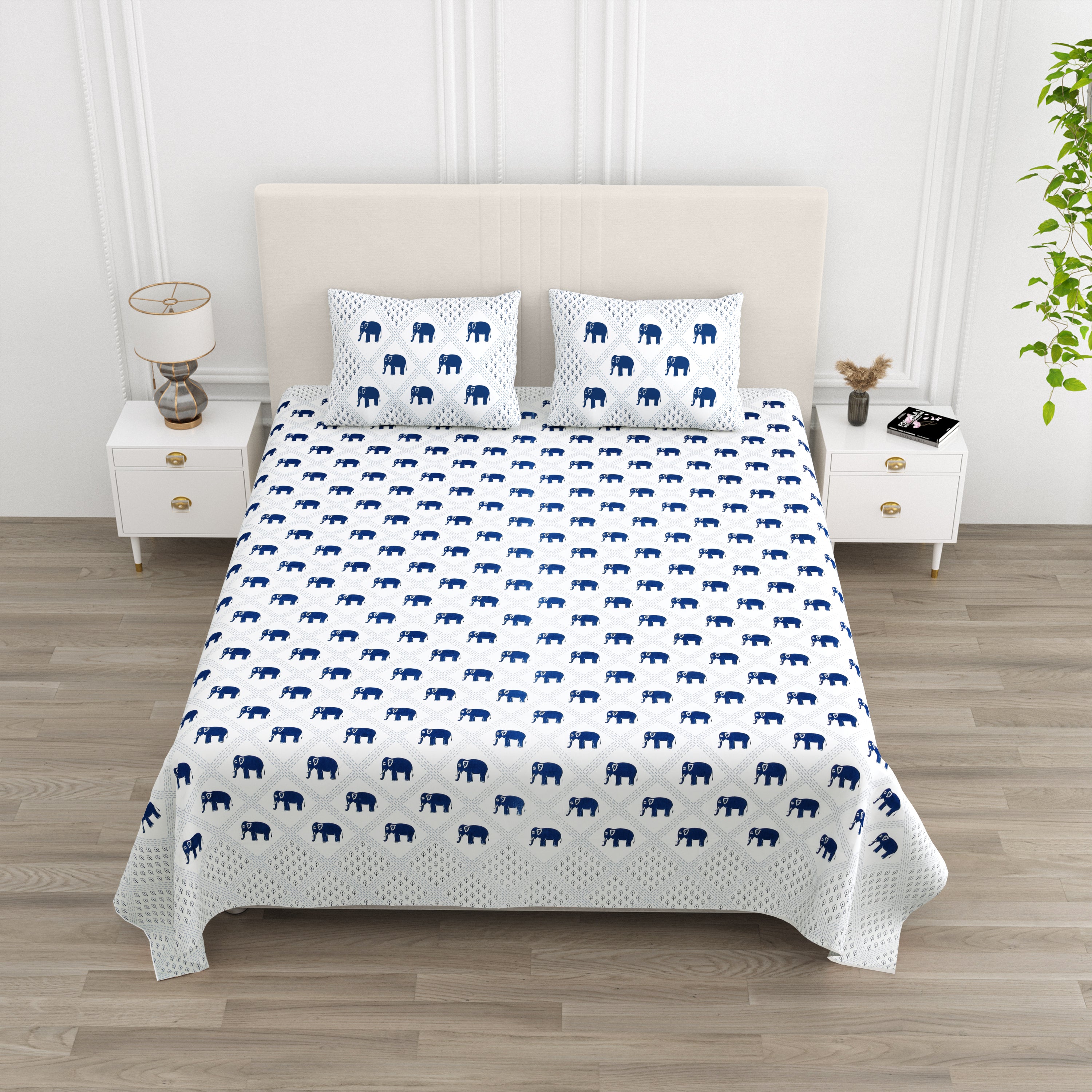Standing Elephant Cotton Bedsheet - Blue