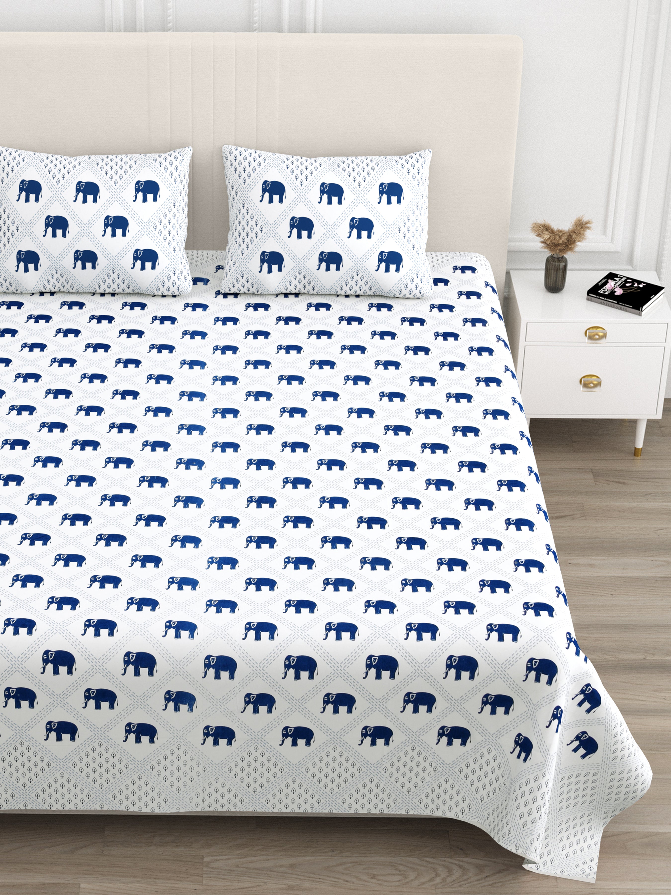 Standing Elephant Cotton Bedsheet - Blue