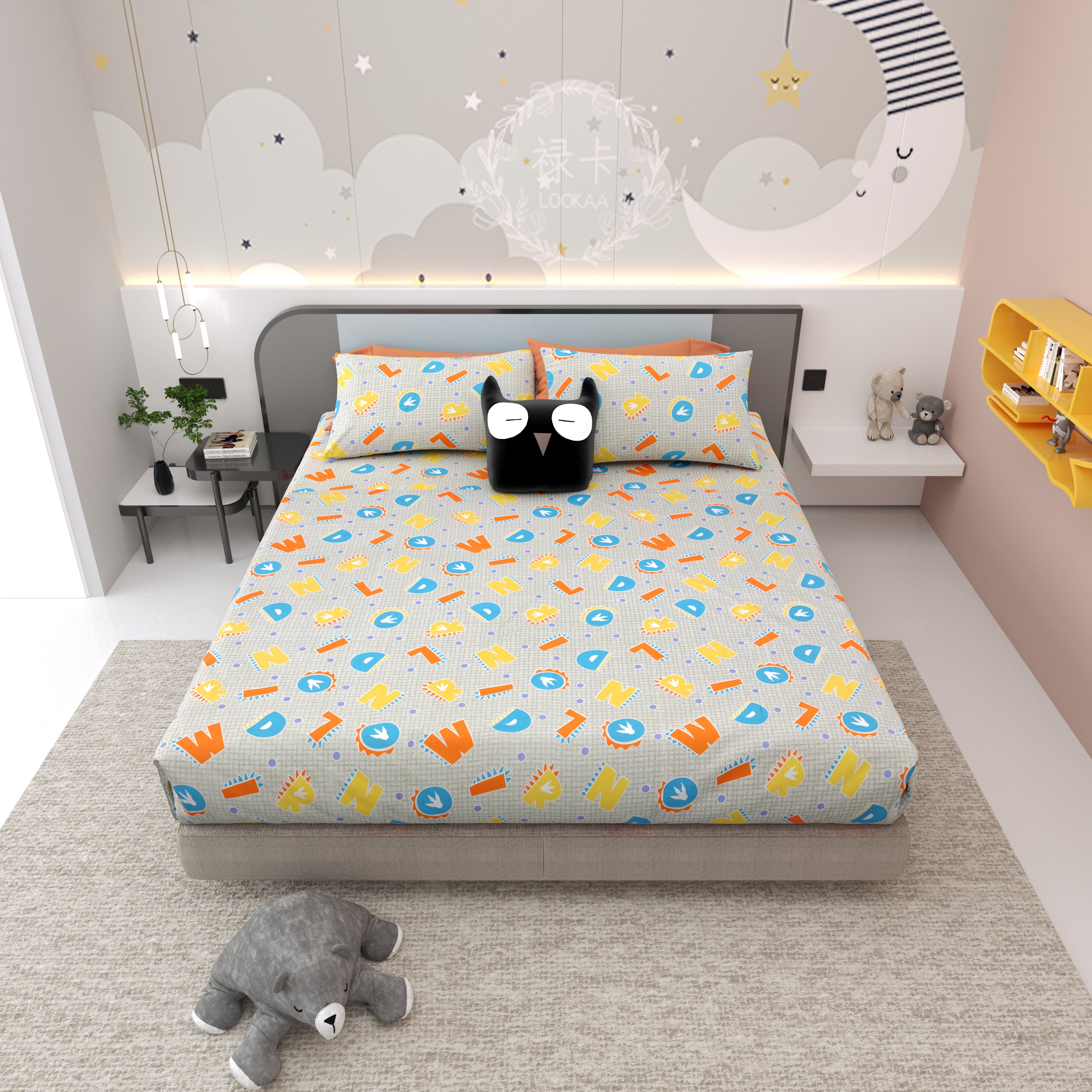 Alphabetical Adventure Pure Cotton Bedsheet- Creamy Green