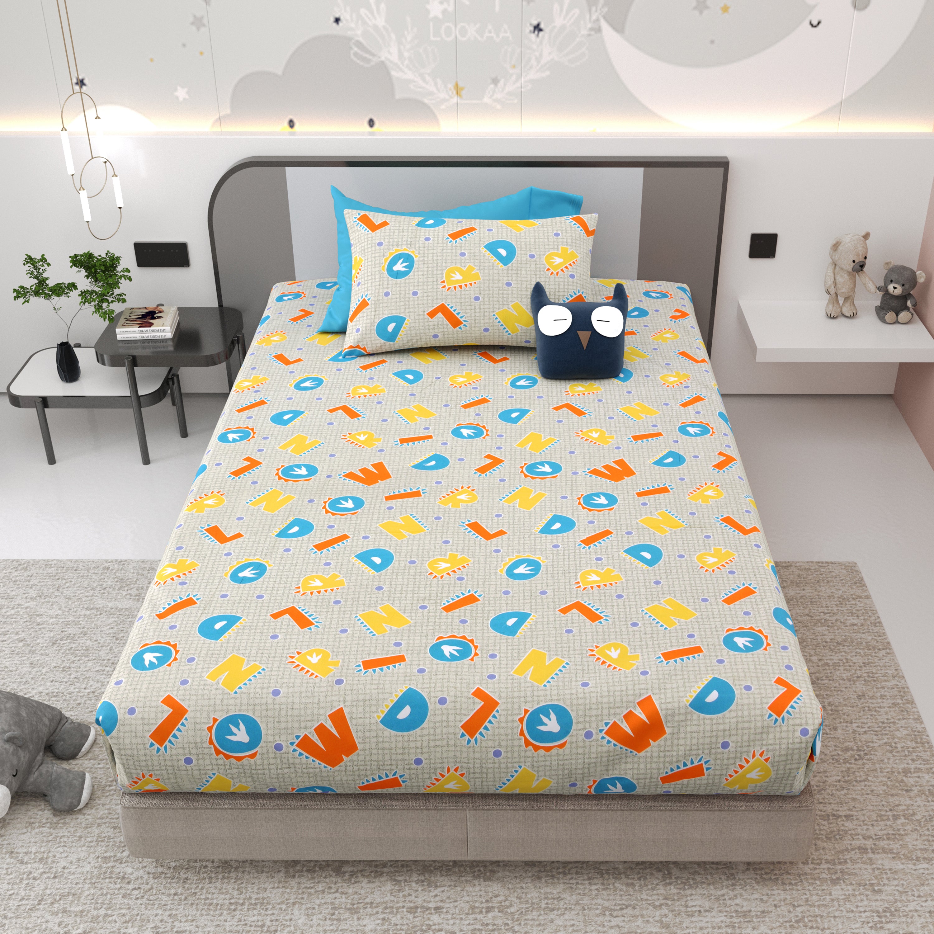 Alphabetical Adventure Pure Cotton Single Bedsheet Set of 2 - Creamy Green