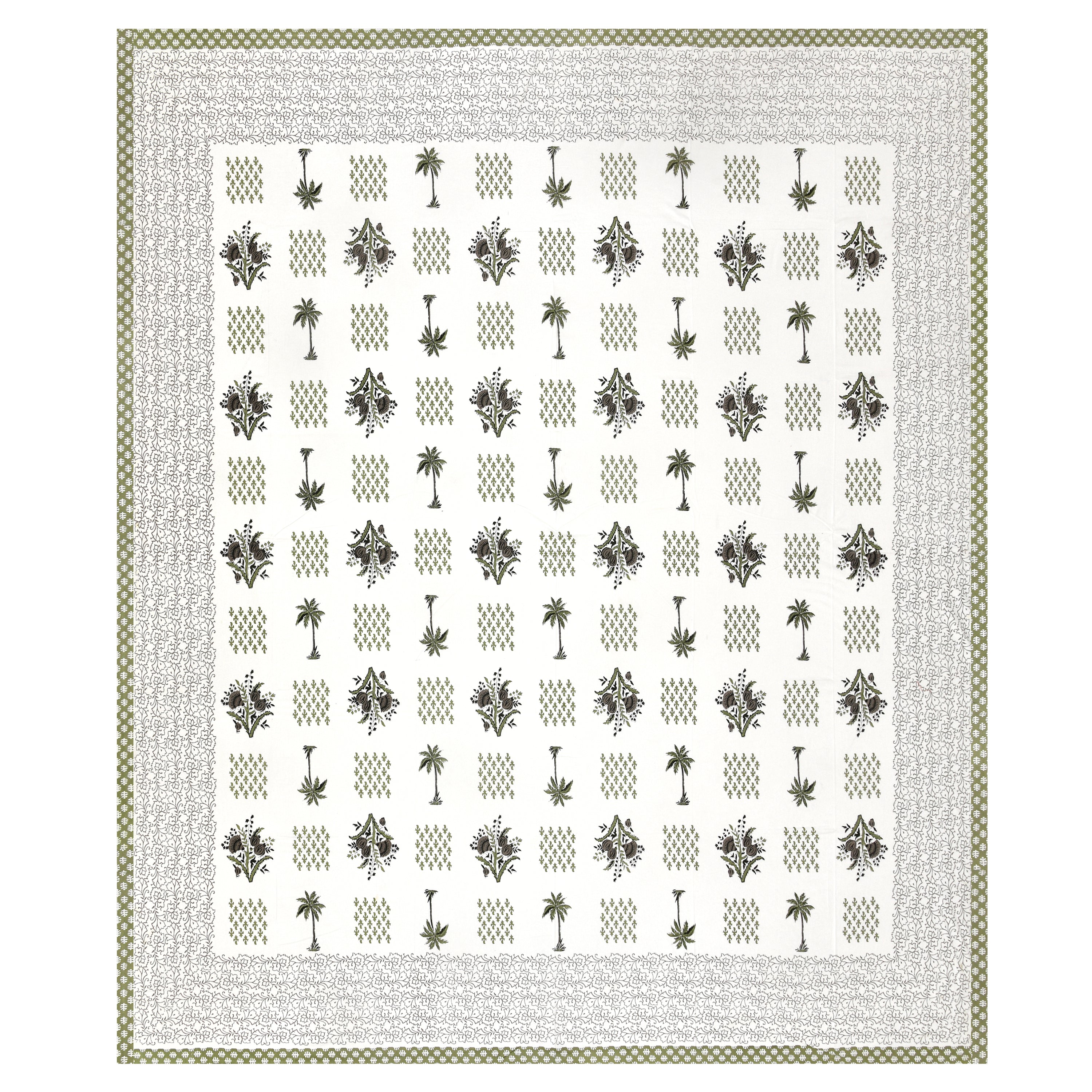 Blockprinted Tree Pure Cotton Bedsheet - Mint Green