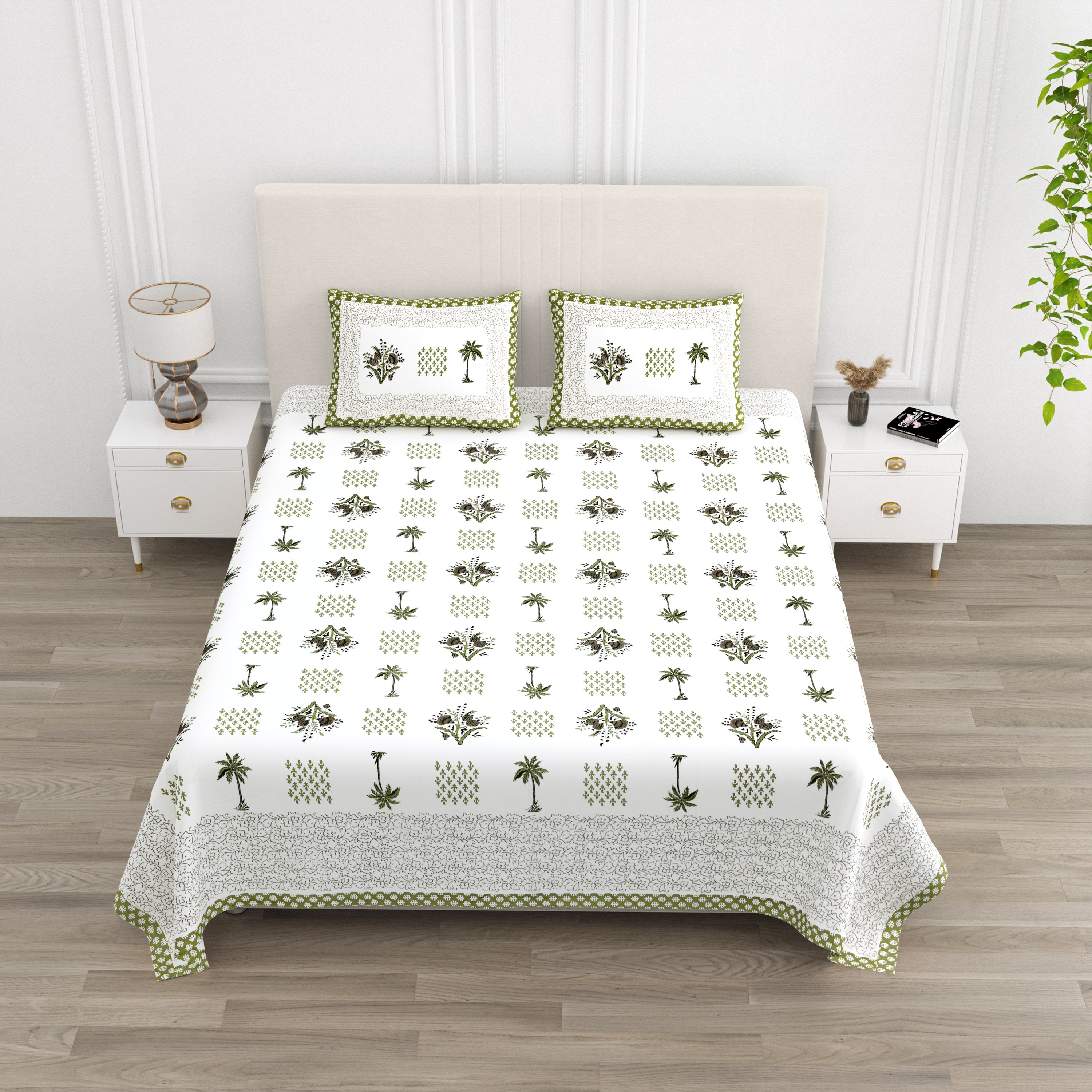 Blockprinted Tree Pure Cotton Bedsheet - Mint Green