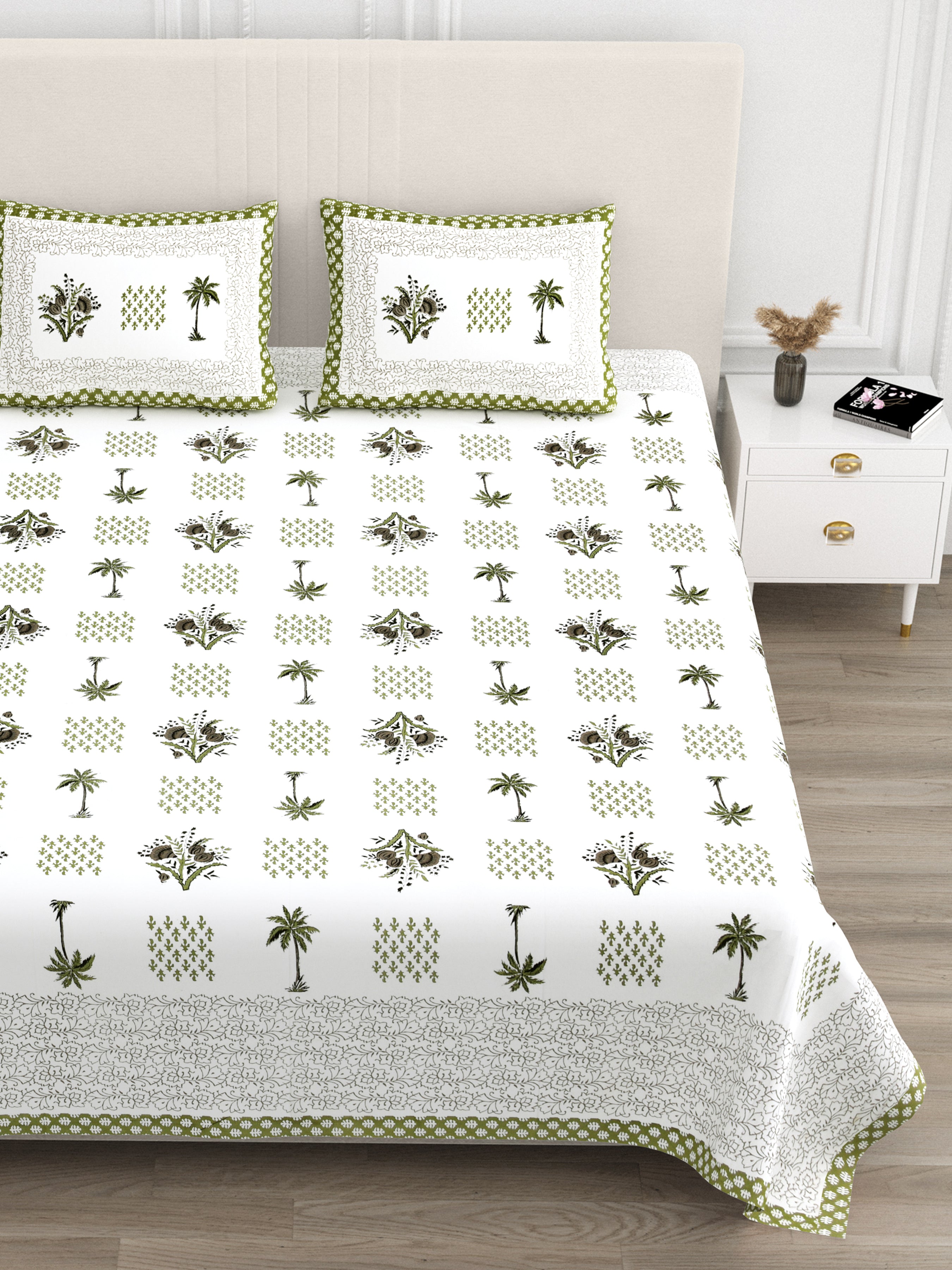 Blockprinted Tree Pure Cotton Bedsheet - Mint Green