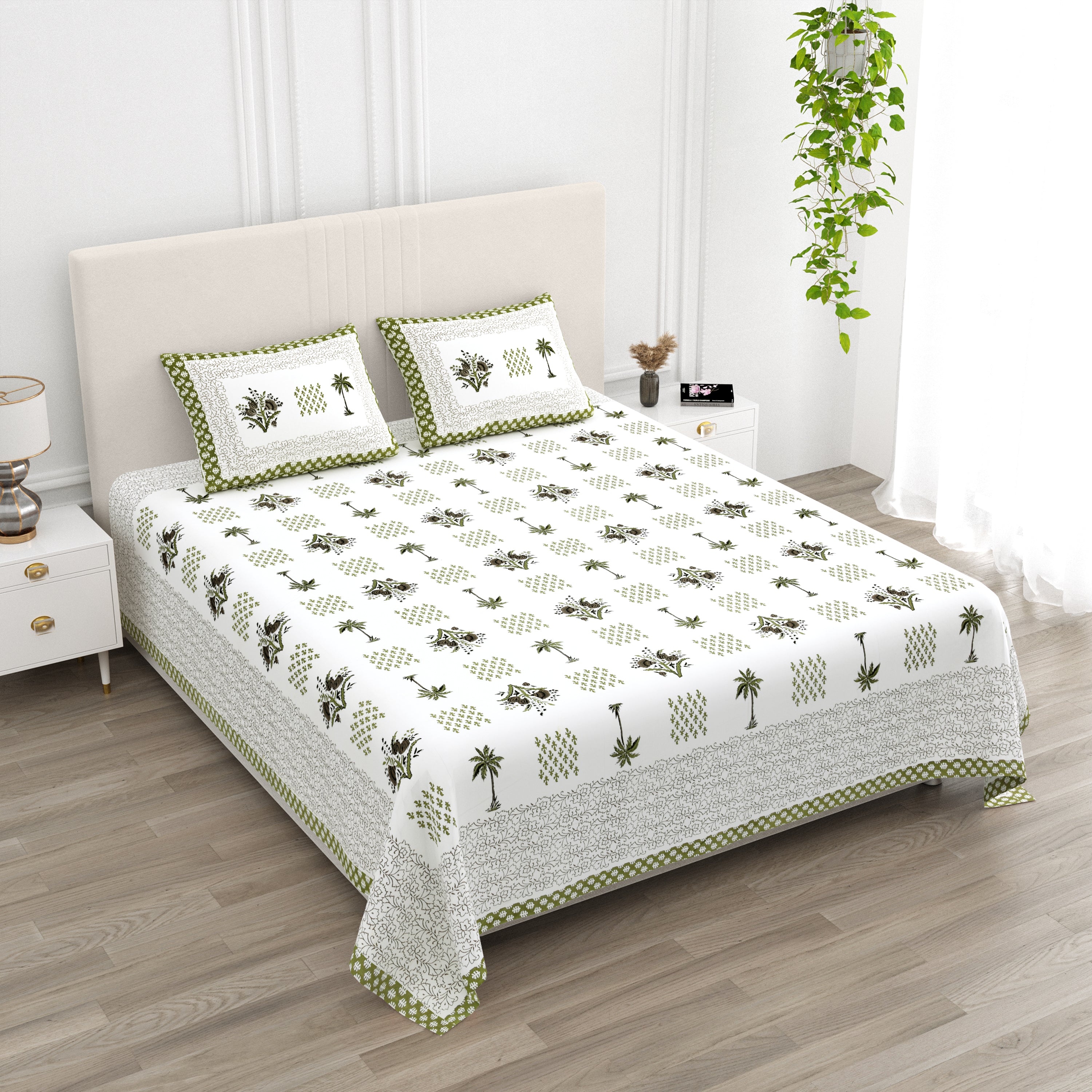 Blockprinted Tree Pure Cotton Bedsheet - Mint Green