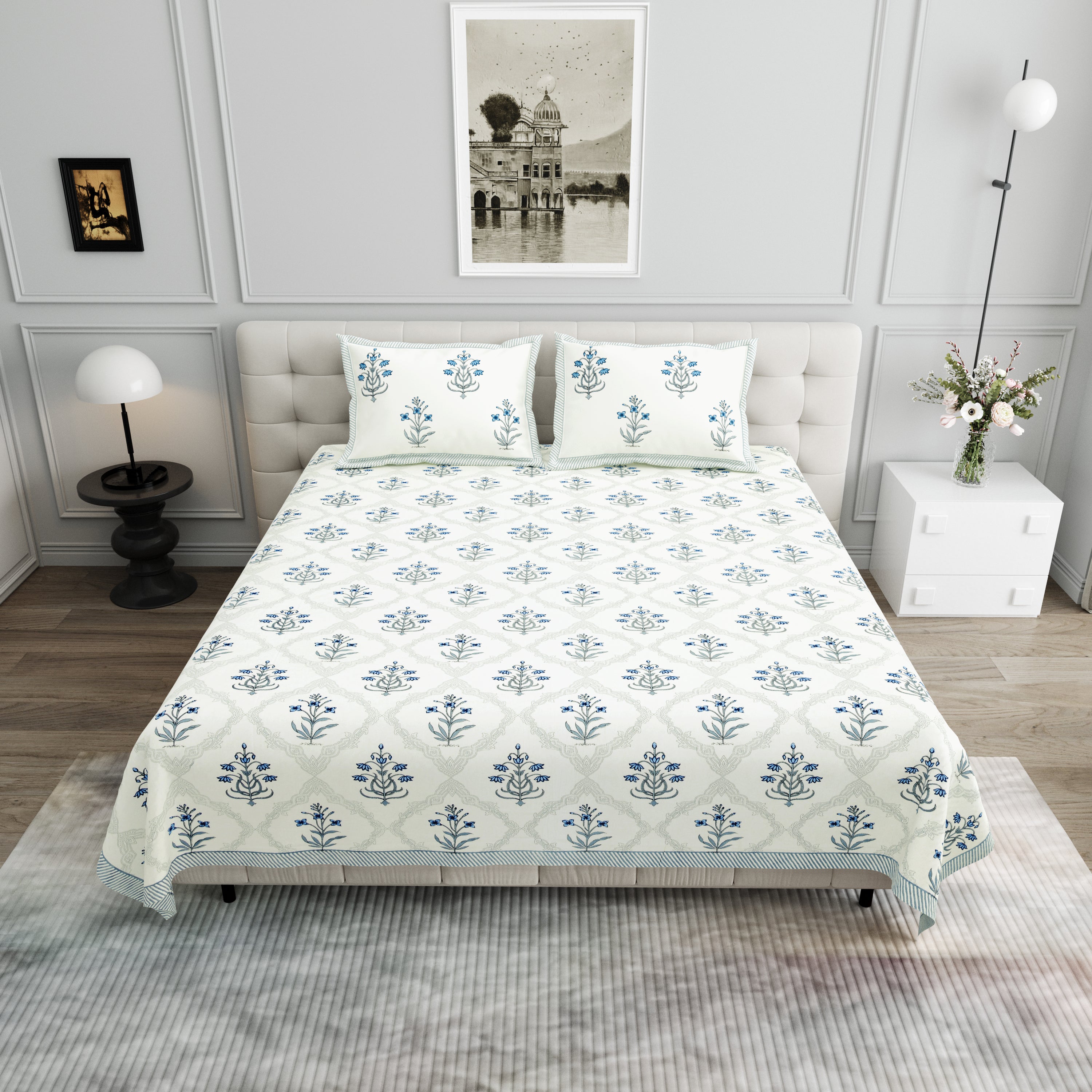 Block Printed Cotton King size Bedsheet- Blue