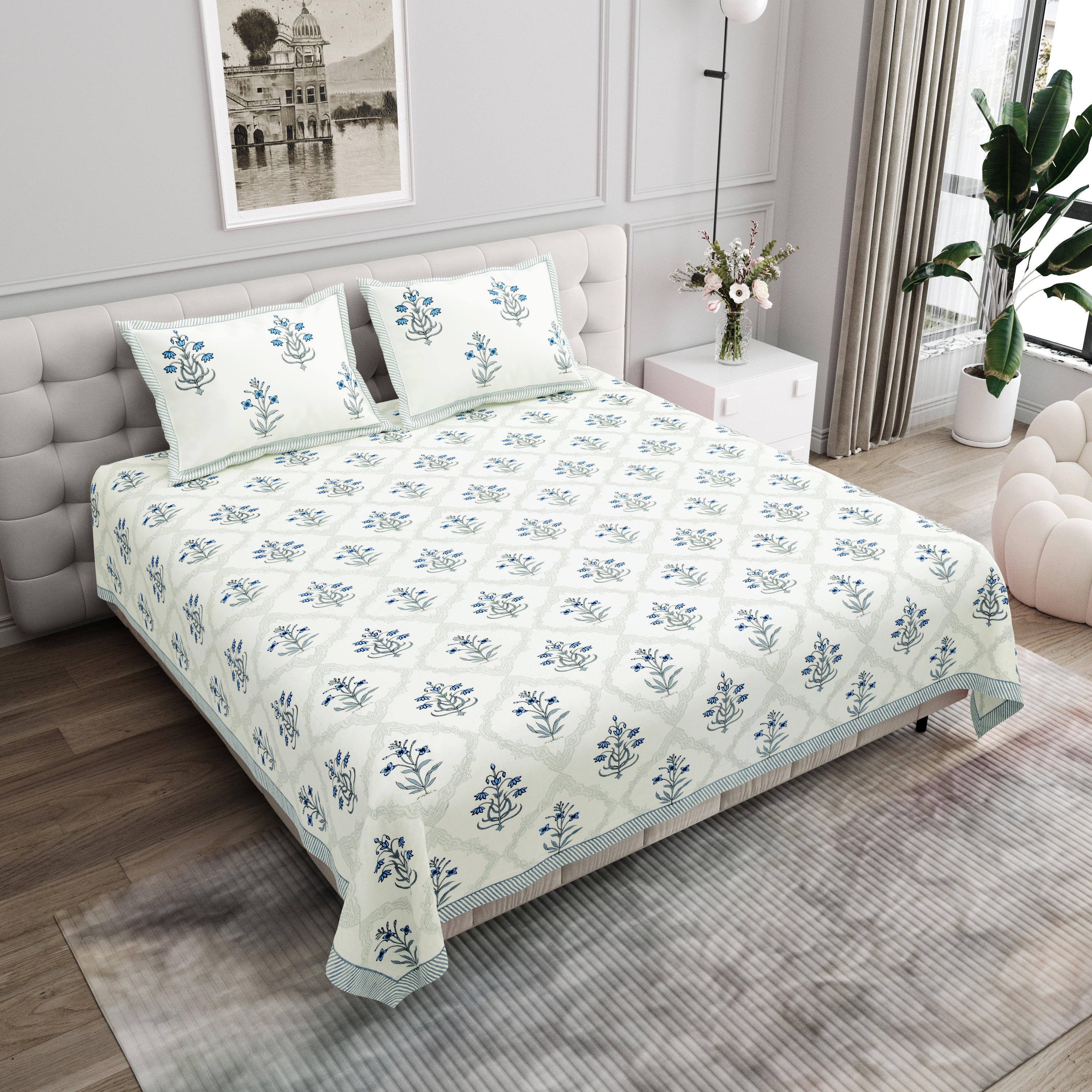 Block Printed Cotton King size Bedsheet- Blue