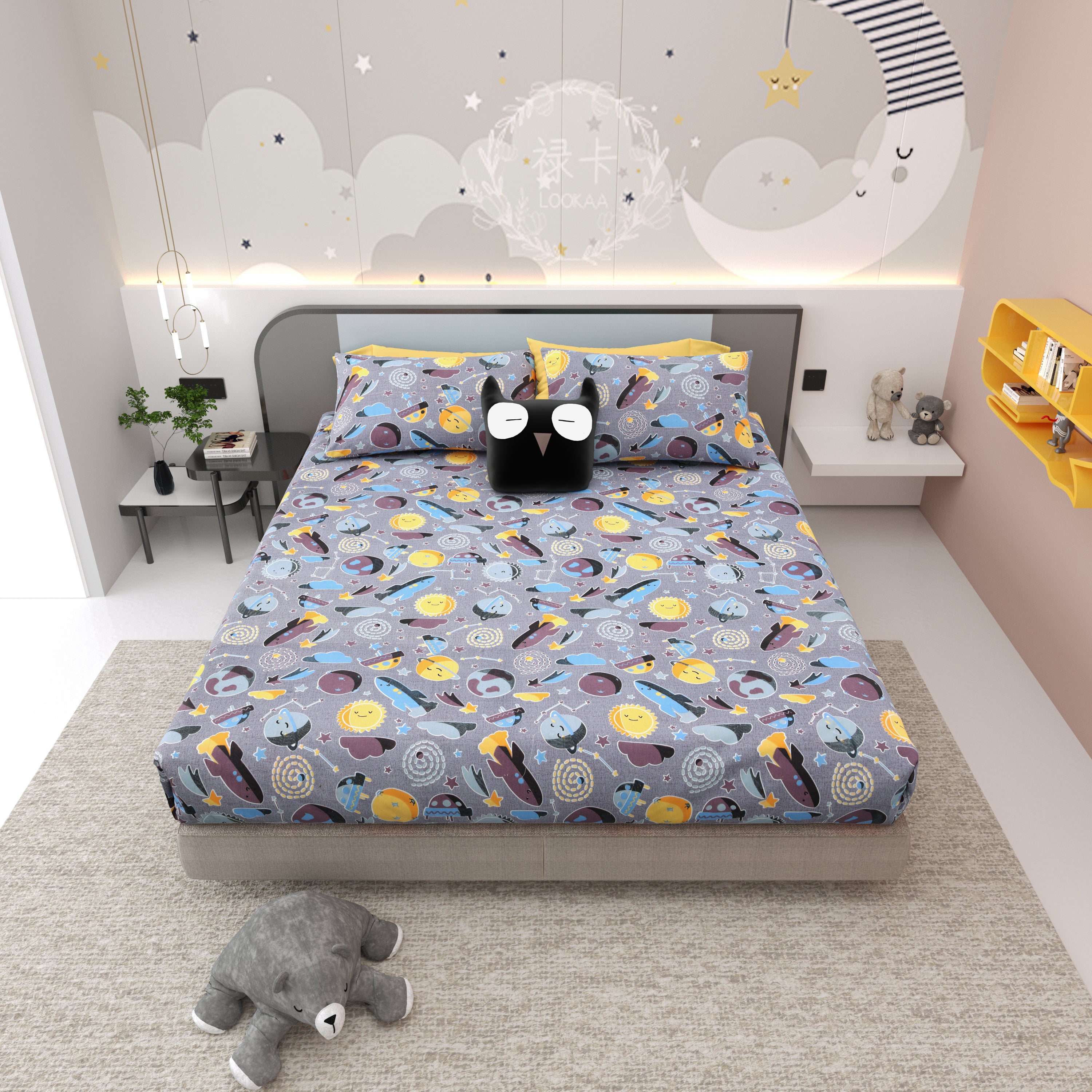 Space Explorers Pure Cotton Bedsheet- Stellar Grey
