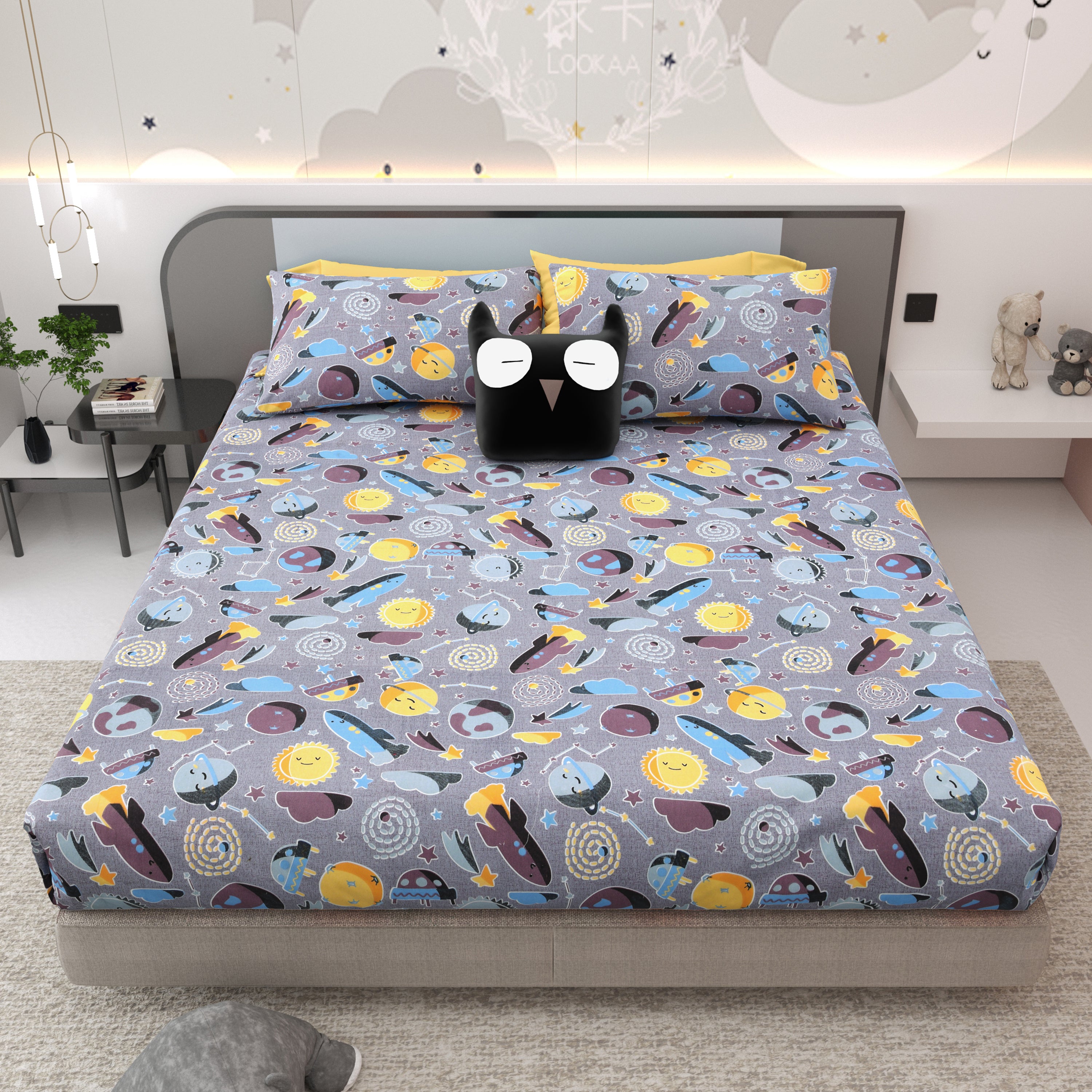 Space Explorers Pure Cotton Bedsheet- Stellar Grey